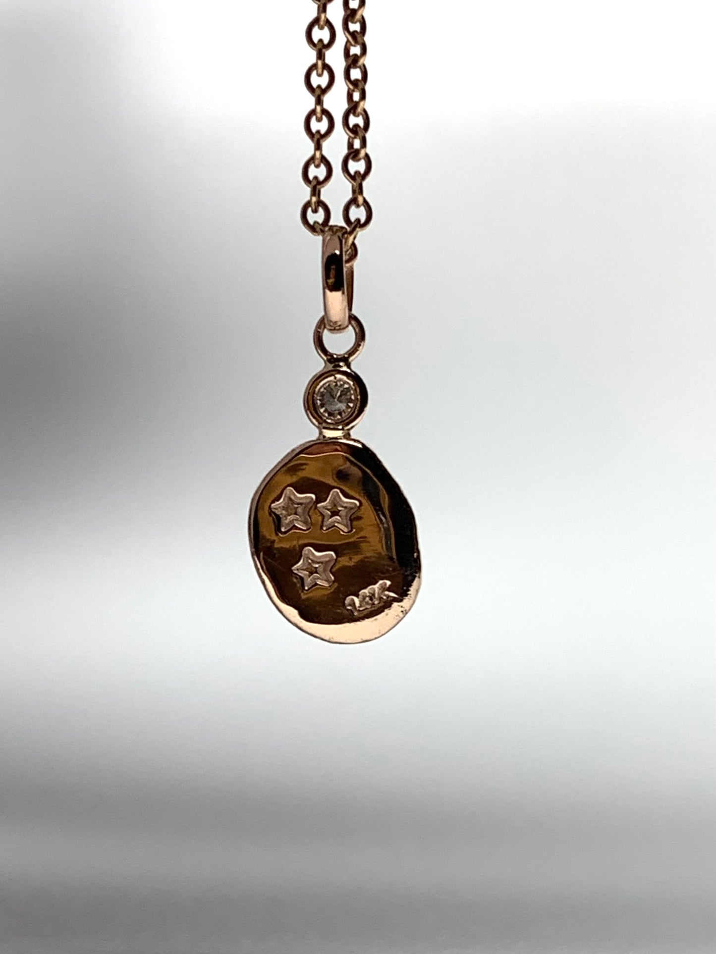 14K Solid Rose Gold Nugget “Starry Night” Mini Pendant, With Diamond, Tiny Charm