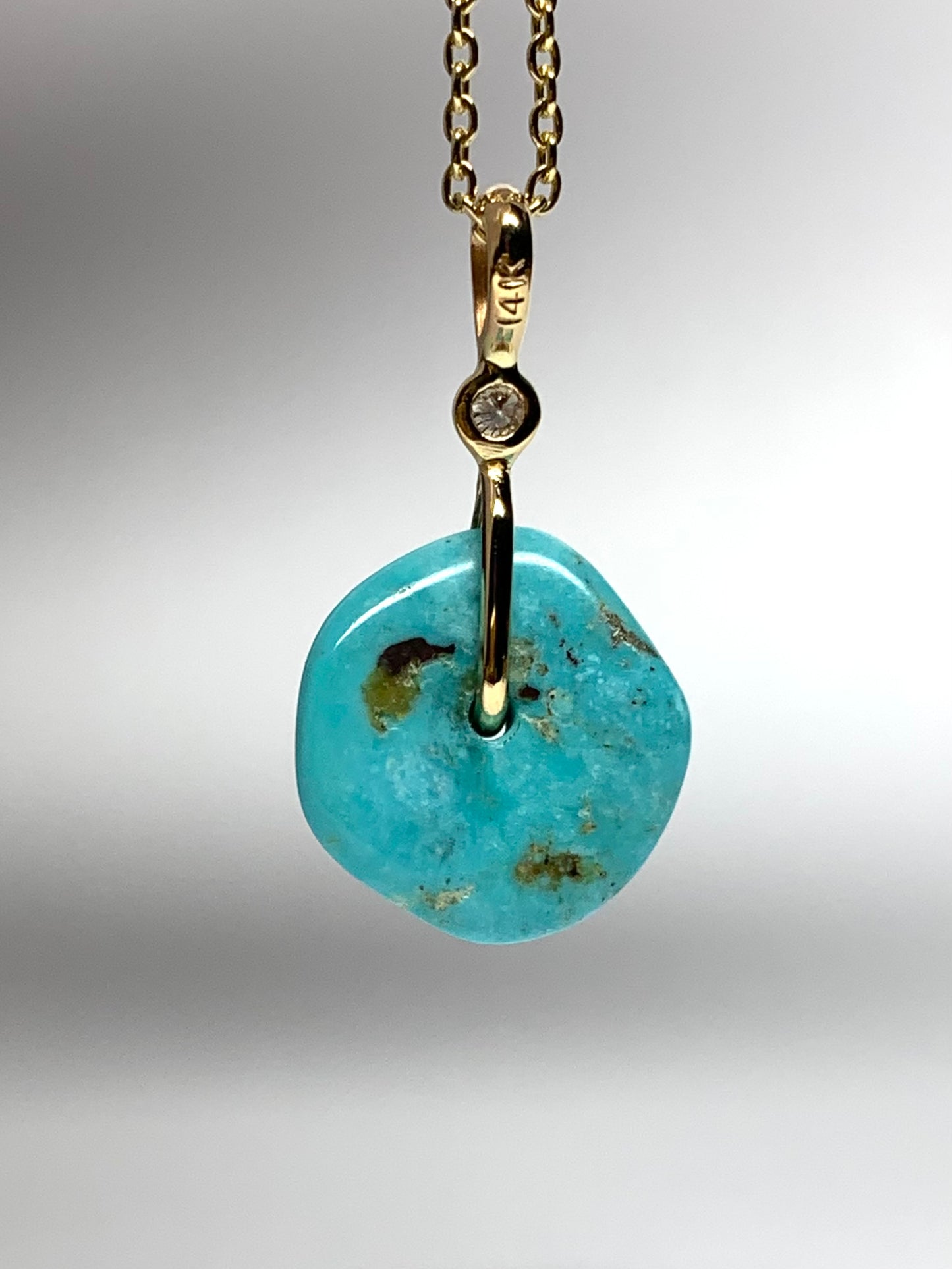 14K Solid Yellow Gold, White Diamond, Blue Turquoise “Donut” Mini Pendant