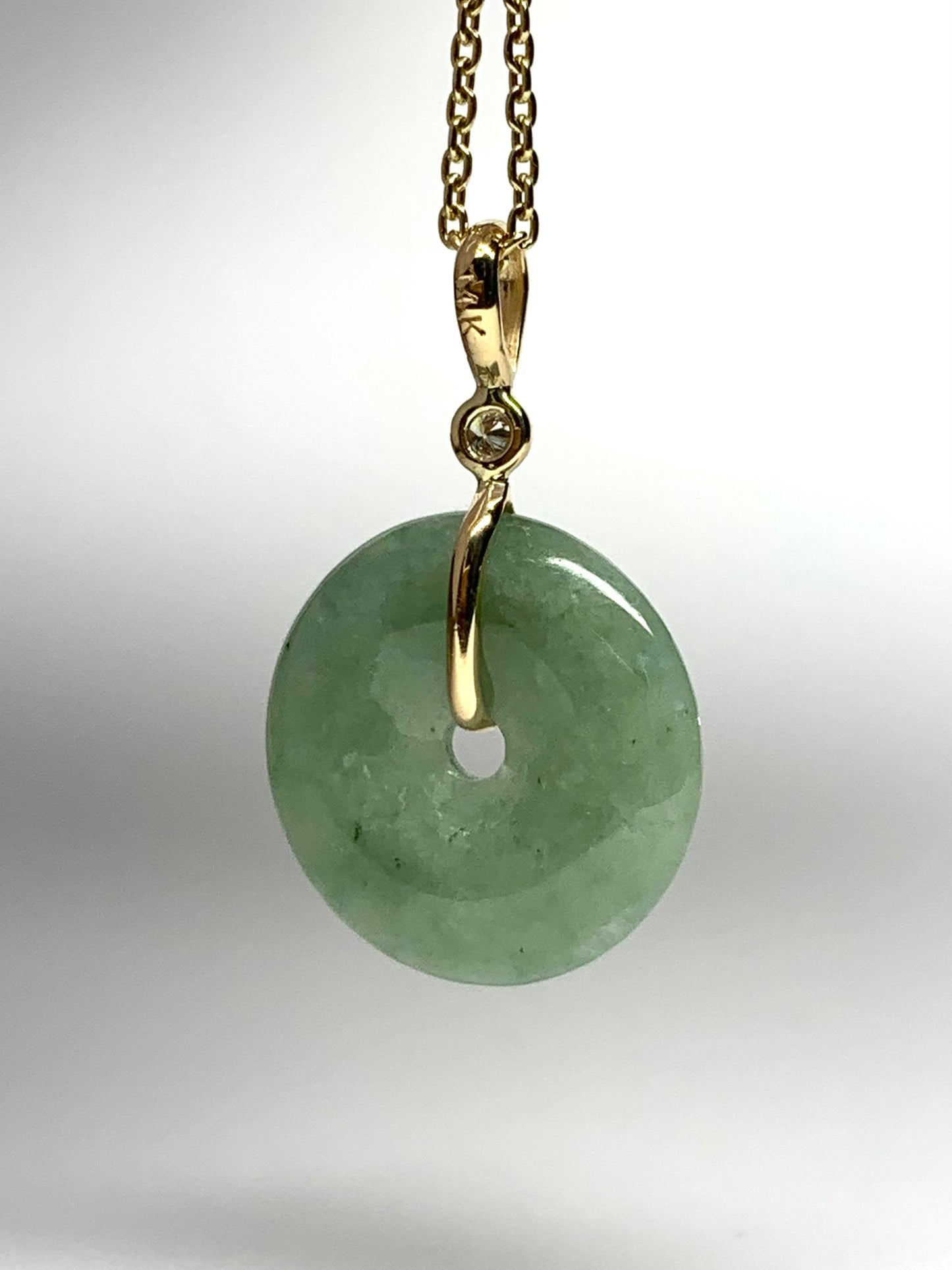14k Solid Yellow Gold, Pale Green Jade “Donut”, White Diamond Pendant, Small Size