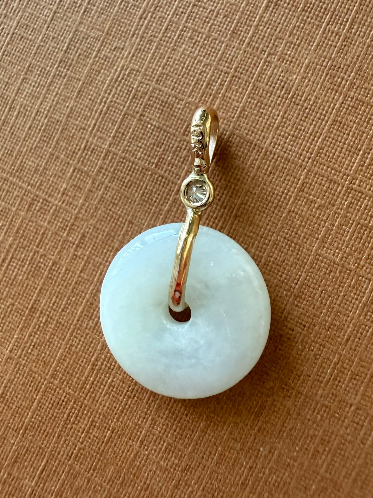 14k Solid Yellow Gold, White Jade, Diamond Pendant, Small Size