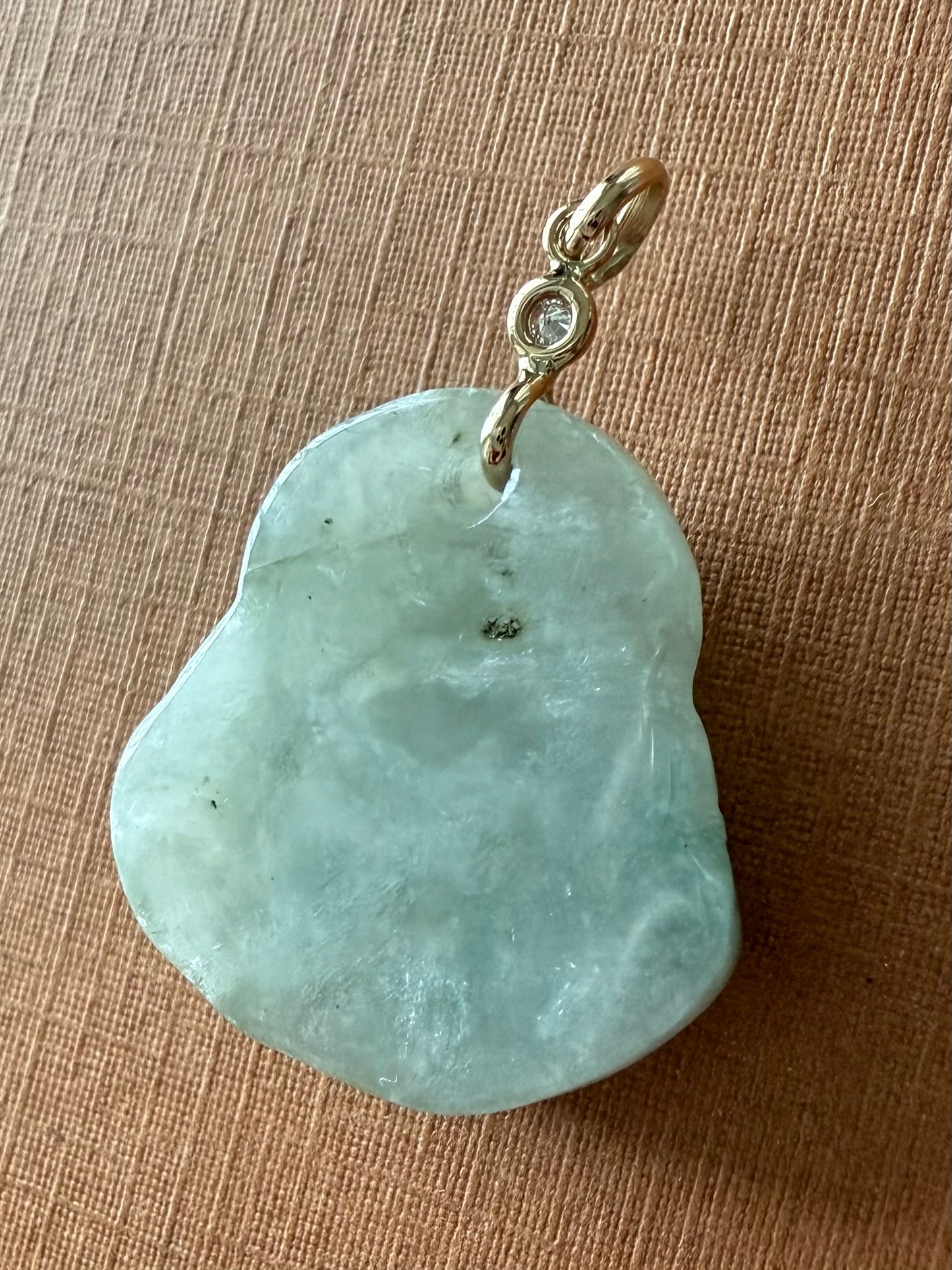 14K Solid Yellow Gold, Diamond, Pale Green Jade “Buddha” Pendant