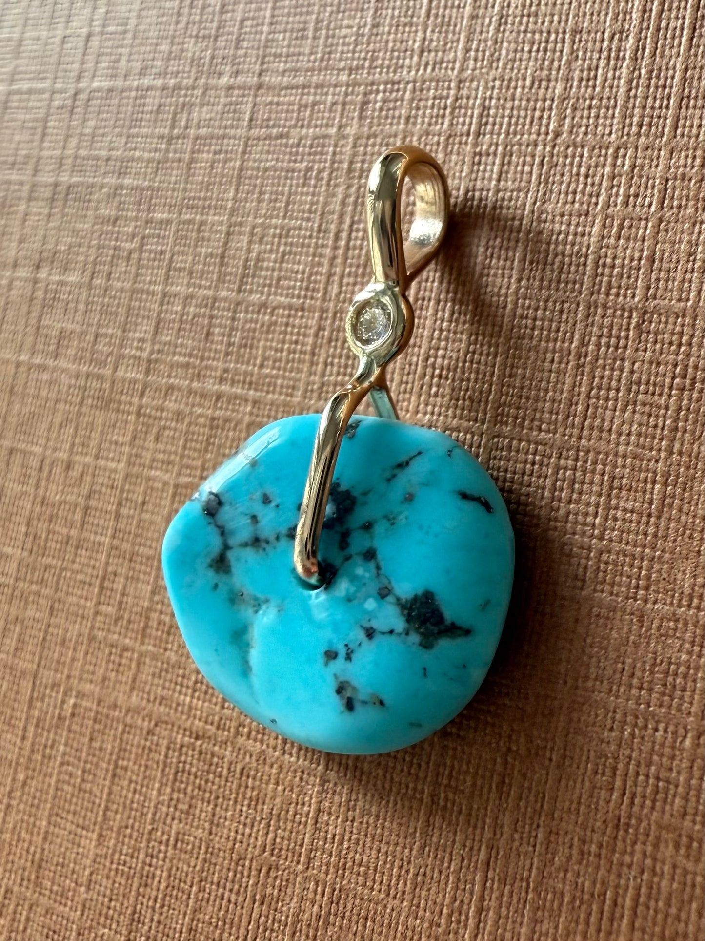 14K Solid Yellow Gold, White Diamond, Blue Turquoise “Donut” Mini Pendant