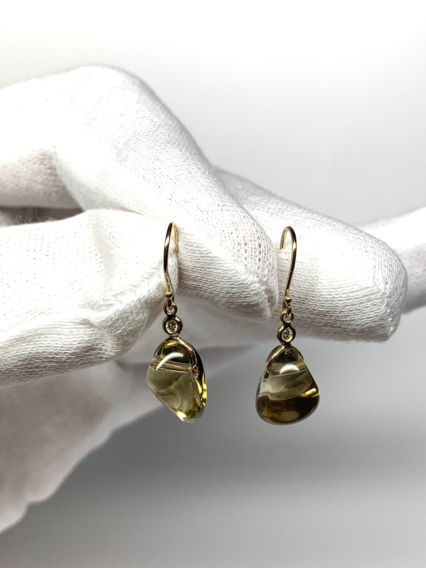 14k Solid Yellow Gold, Diamonds, Lemon Quartz Tumbled Nugget Beads Earrings, Mini Size