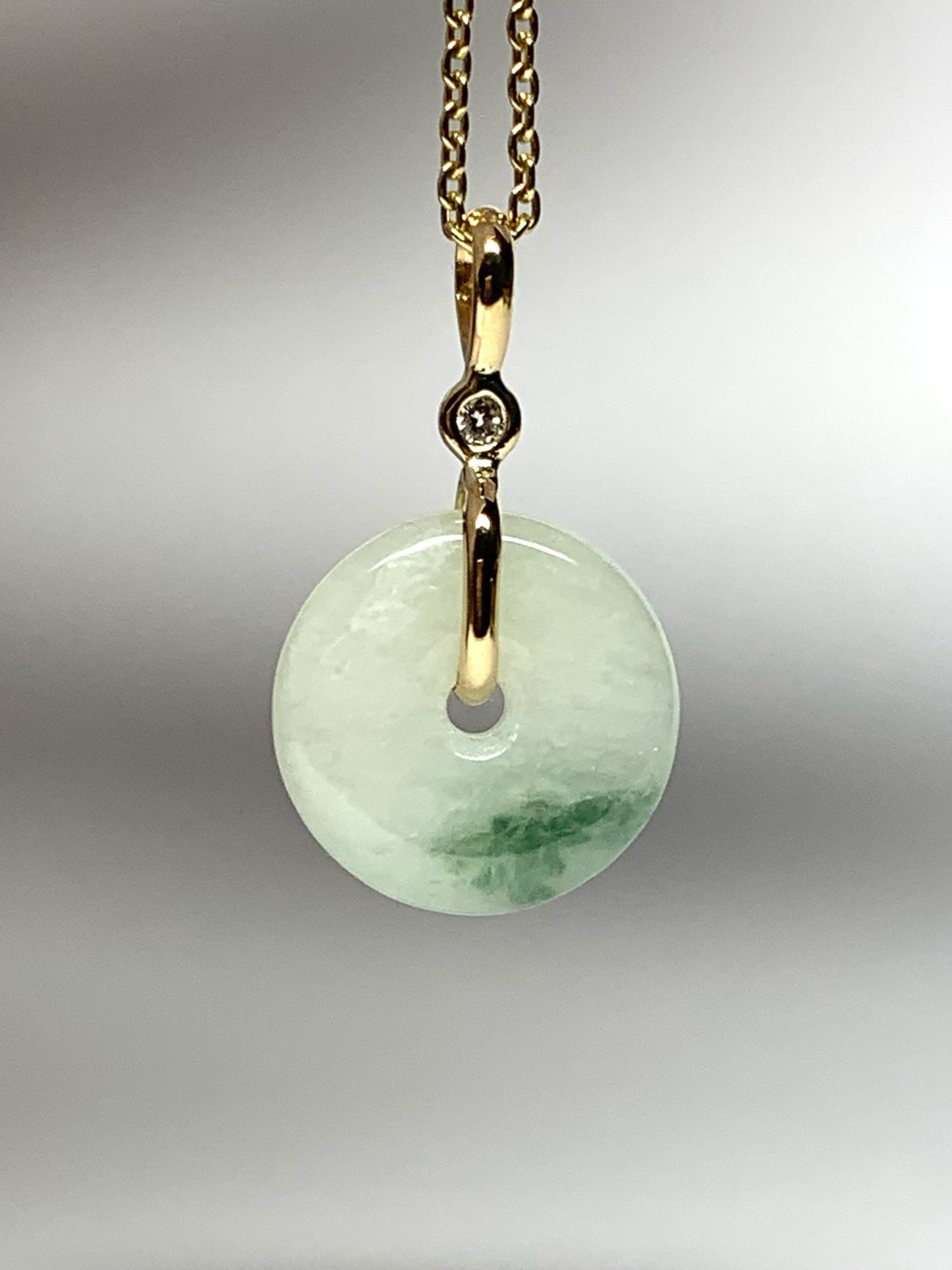 14k Solid Yellow Gold, White Diamond, Pale Green Jade “Donut” Pendant, Mini Size