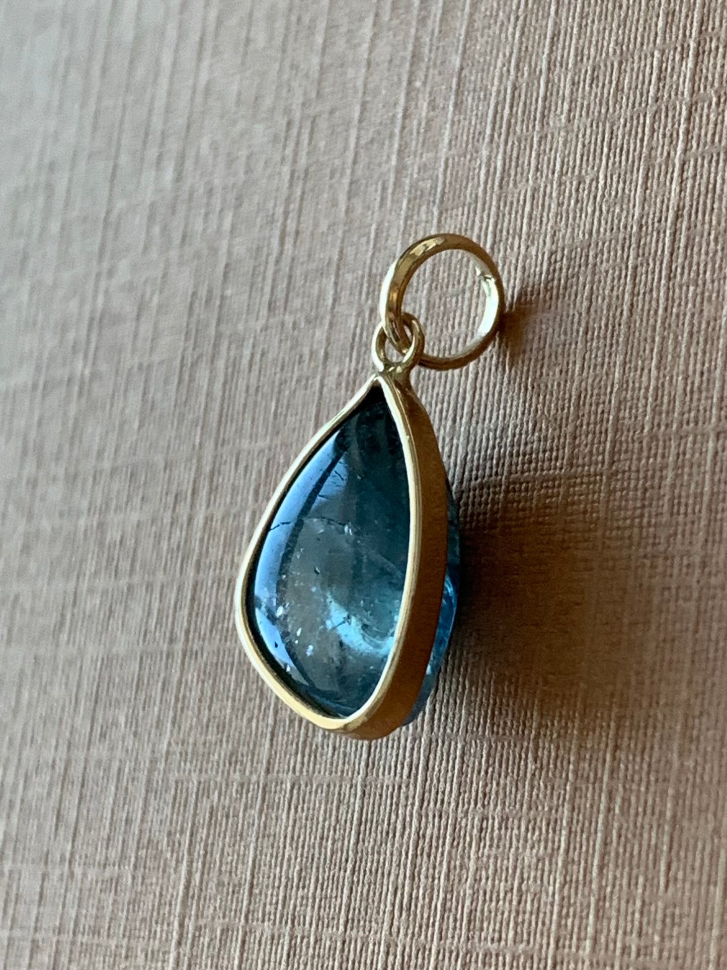 14k Solid Yellow Gold, Natural Blue Tourmaline Cabochon Pendant