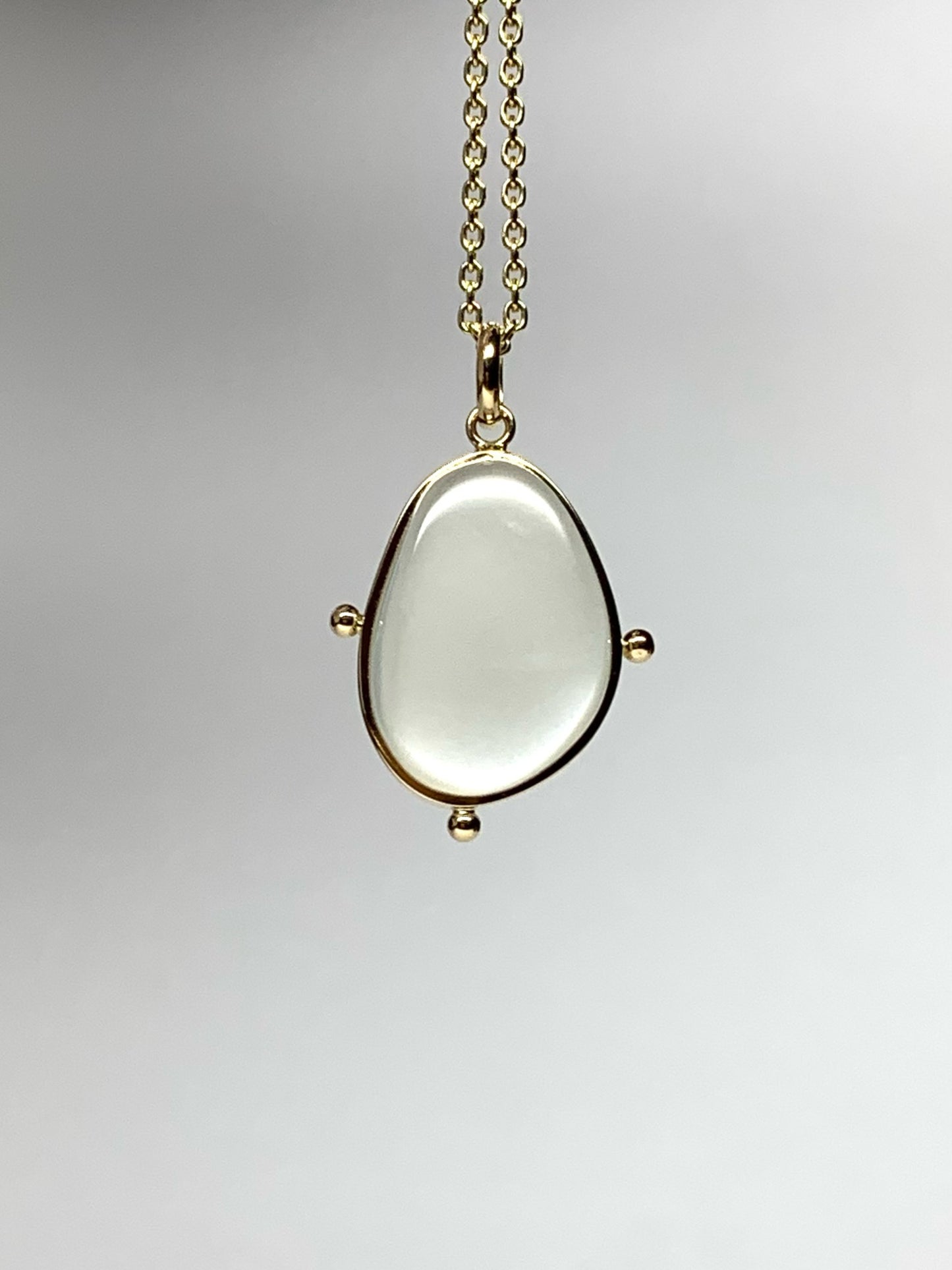 14k Solid Yellow Gold, White Moonstone Flat Cabochon Pendant, With Golden Dots
