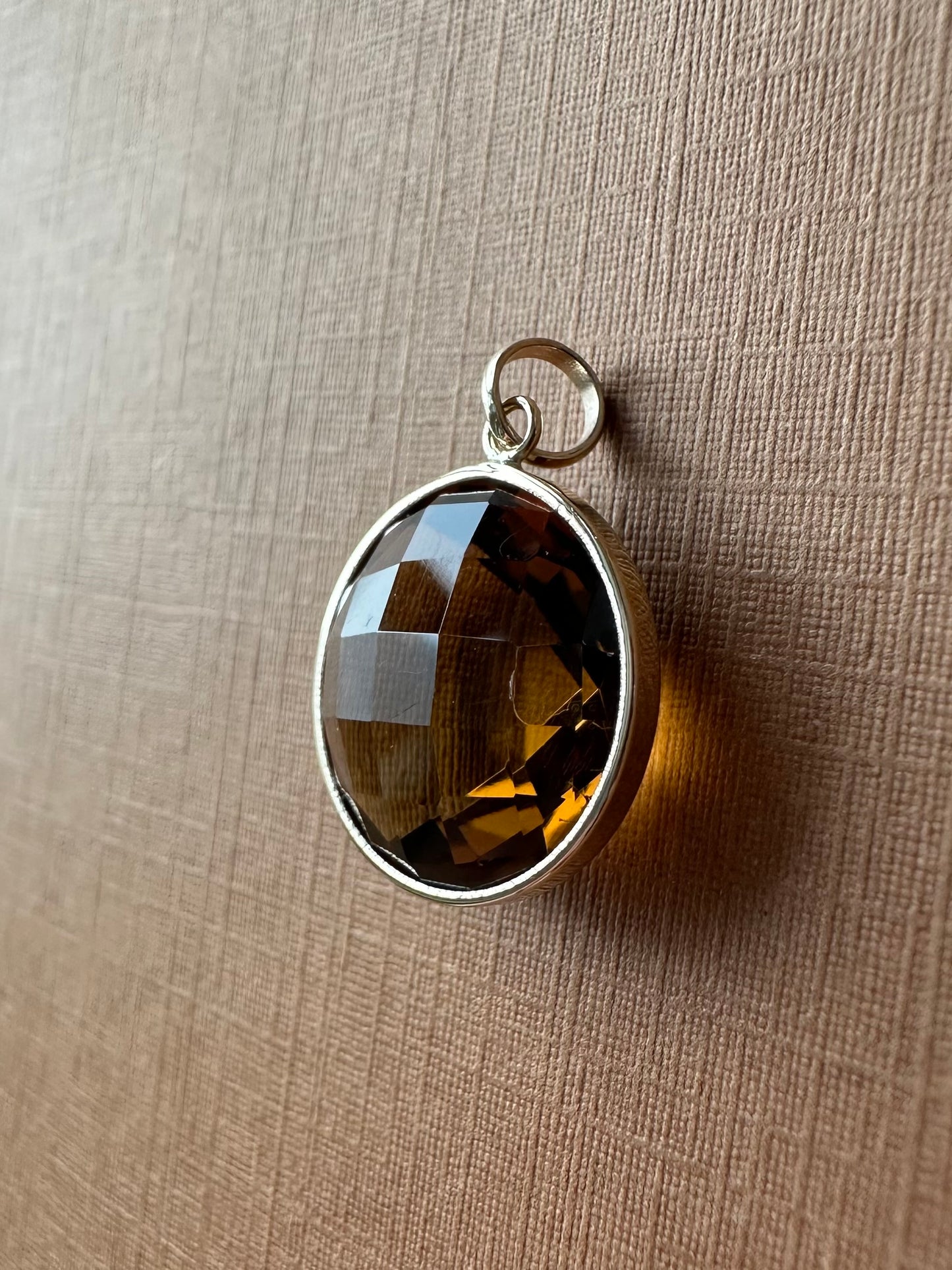 14K Solid Yellow Gold, Round Cognac Quartz Drop Pendant