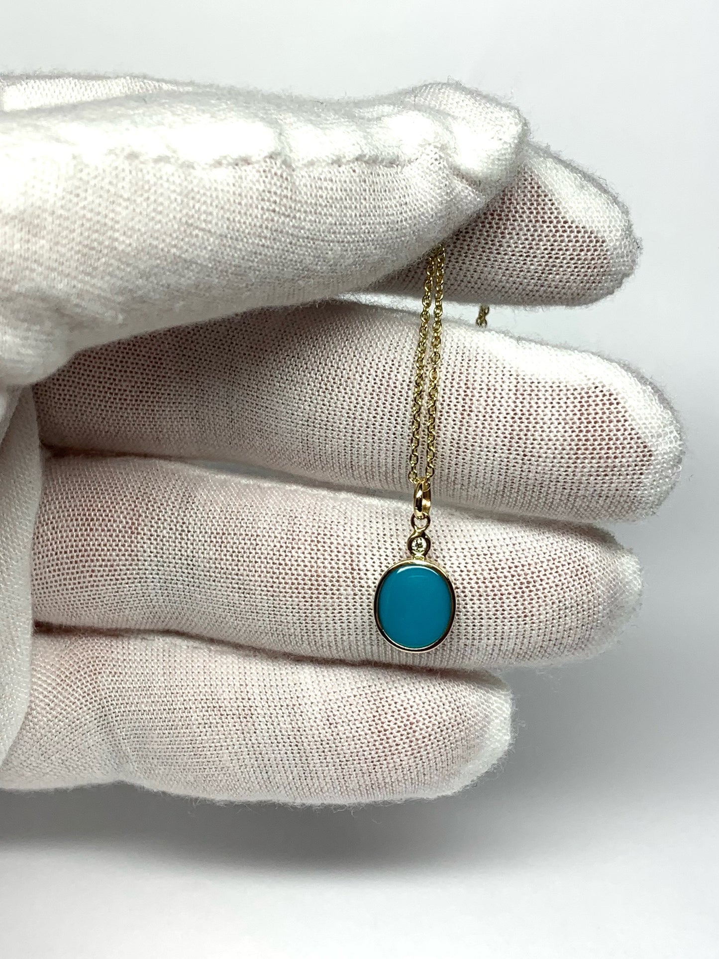 14k Solid Yellow Gold, Diamond, Blue Sleeping Beauty Turquoise Pendant, Mini Size