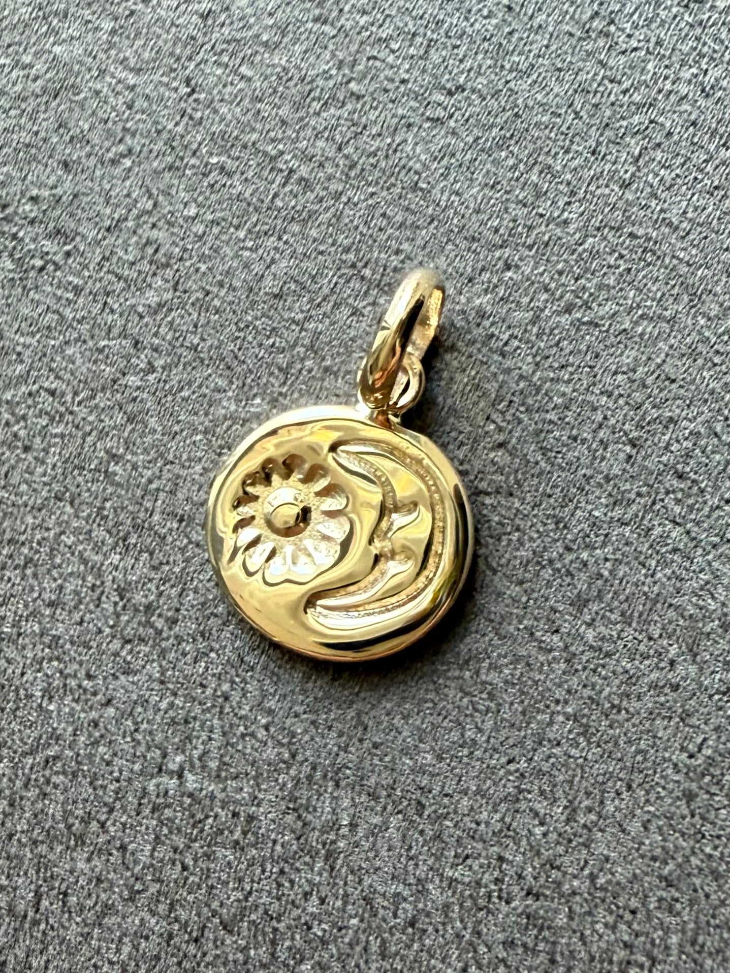 14K Solid Yellow Gold Nugget “Sun and Moon” Mini Pendant, Tiny Charm