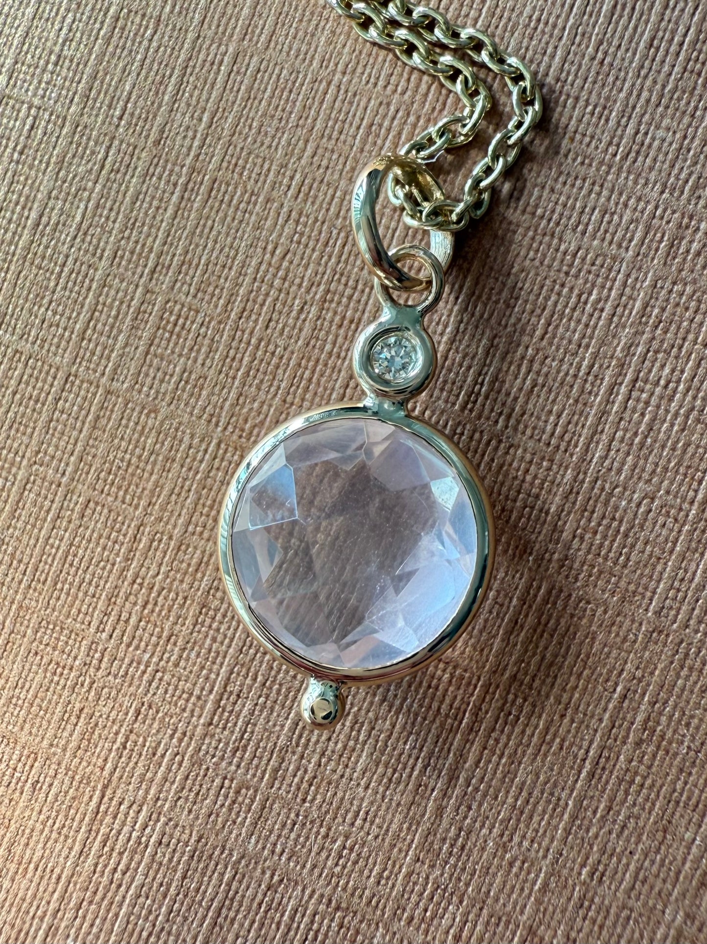 14K Solid Yellow Gold, Diamond, Rose Pink Quartz Mini Pendant