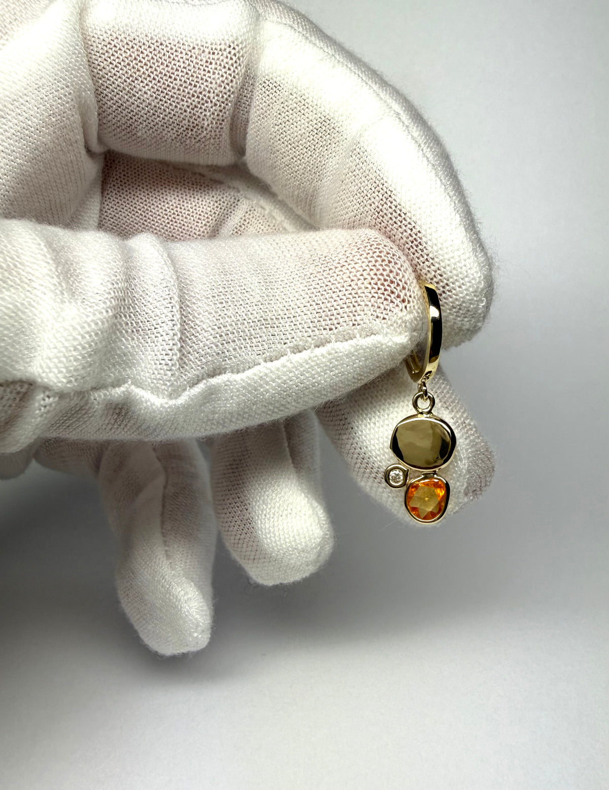 14k Solid Yellow Gold, Diamonds, Orange Sapphires Hoop Earrings