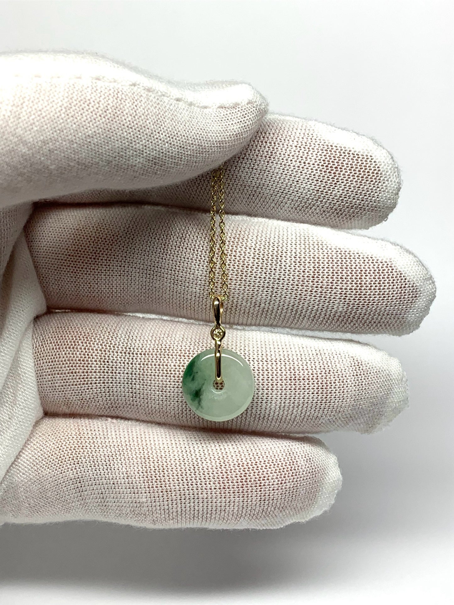 14k Solid Yellow Gold, White Diamond, Pale Green Jade “Donut” Pendant, Mini Size