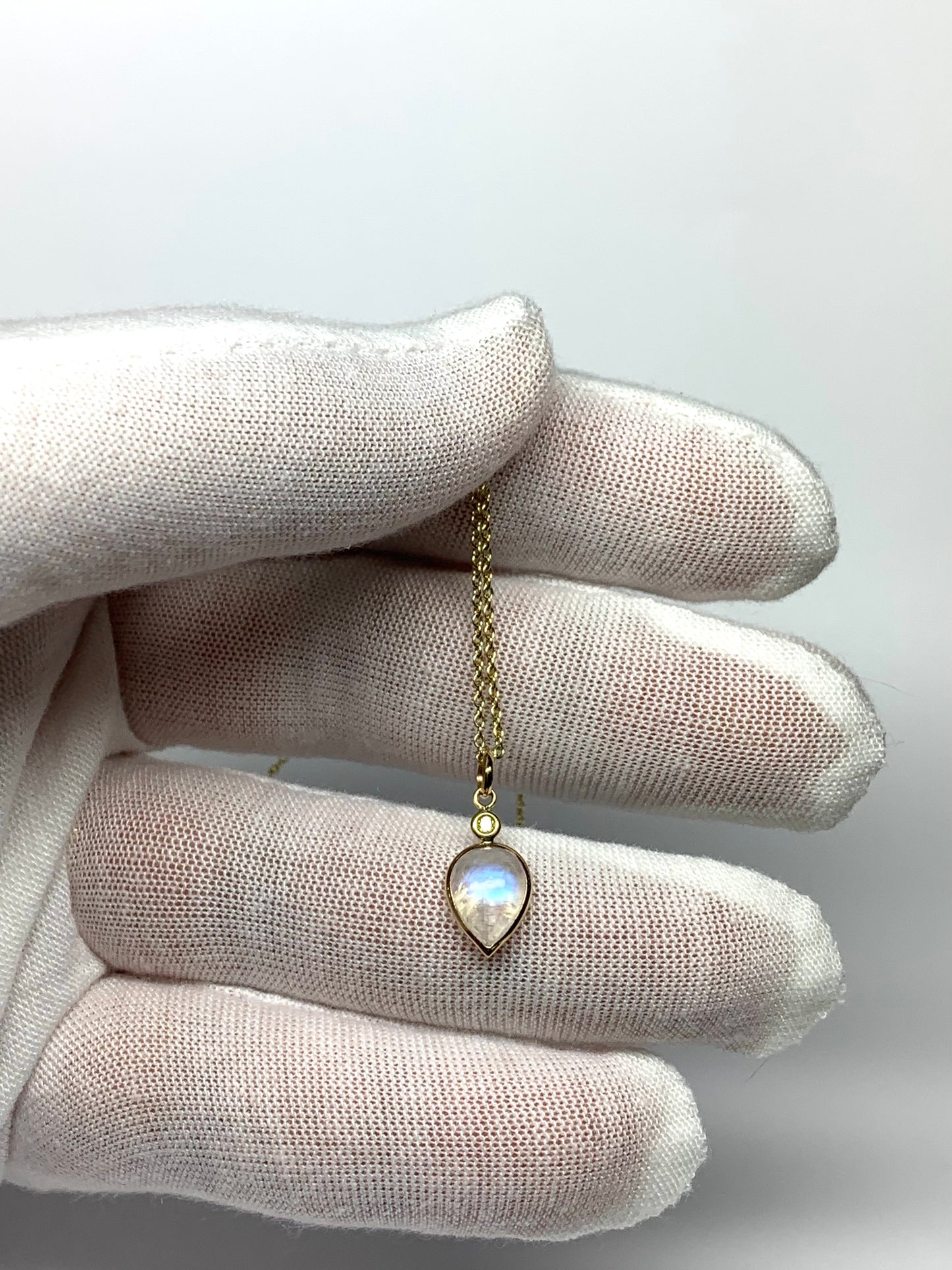 14k Solid Yellow Gold, Diamond, Pear Shaped Blue Rainbow Moonstone Mini Pendant