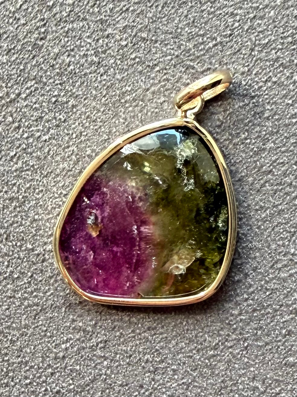 14k Solid Yellow Gold, Natural Pink Green Tourmaline Pendant