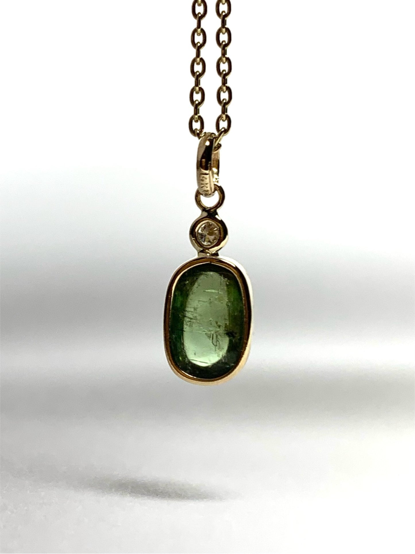 14k Solid Yellow Gold, Natural White Diamond, Natural Dark Green Tourmaline Tiny Pendant