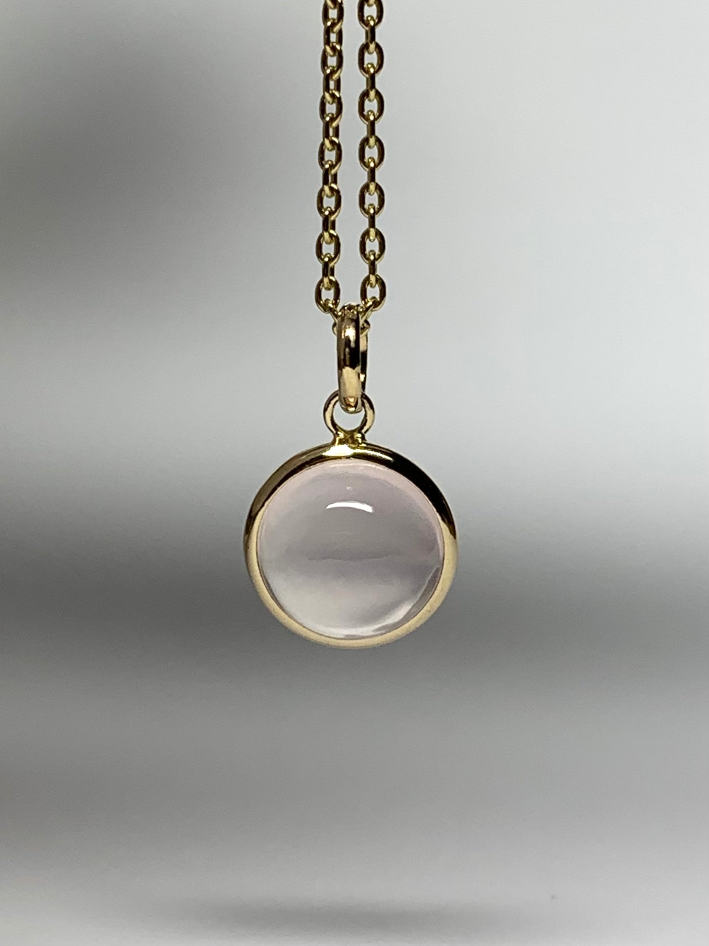 14k Solid Yellow Gold, Pink Quartz Round Cabochon Mini Pendant