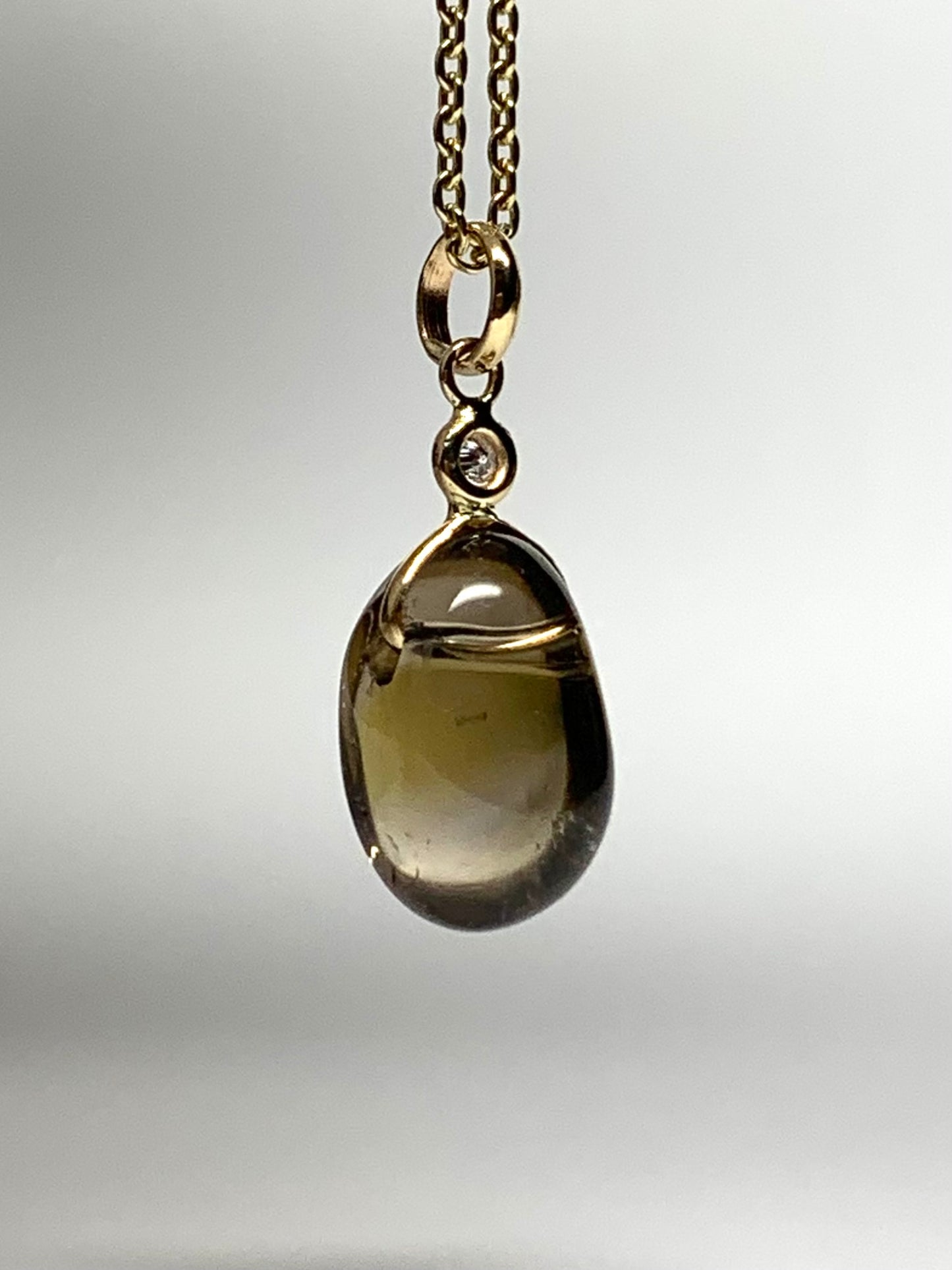 14k Solid Yellow Gold, Diamond, Lemon Quartz Tumbled Nugget Bead Pendant, Mini Size