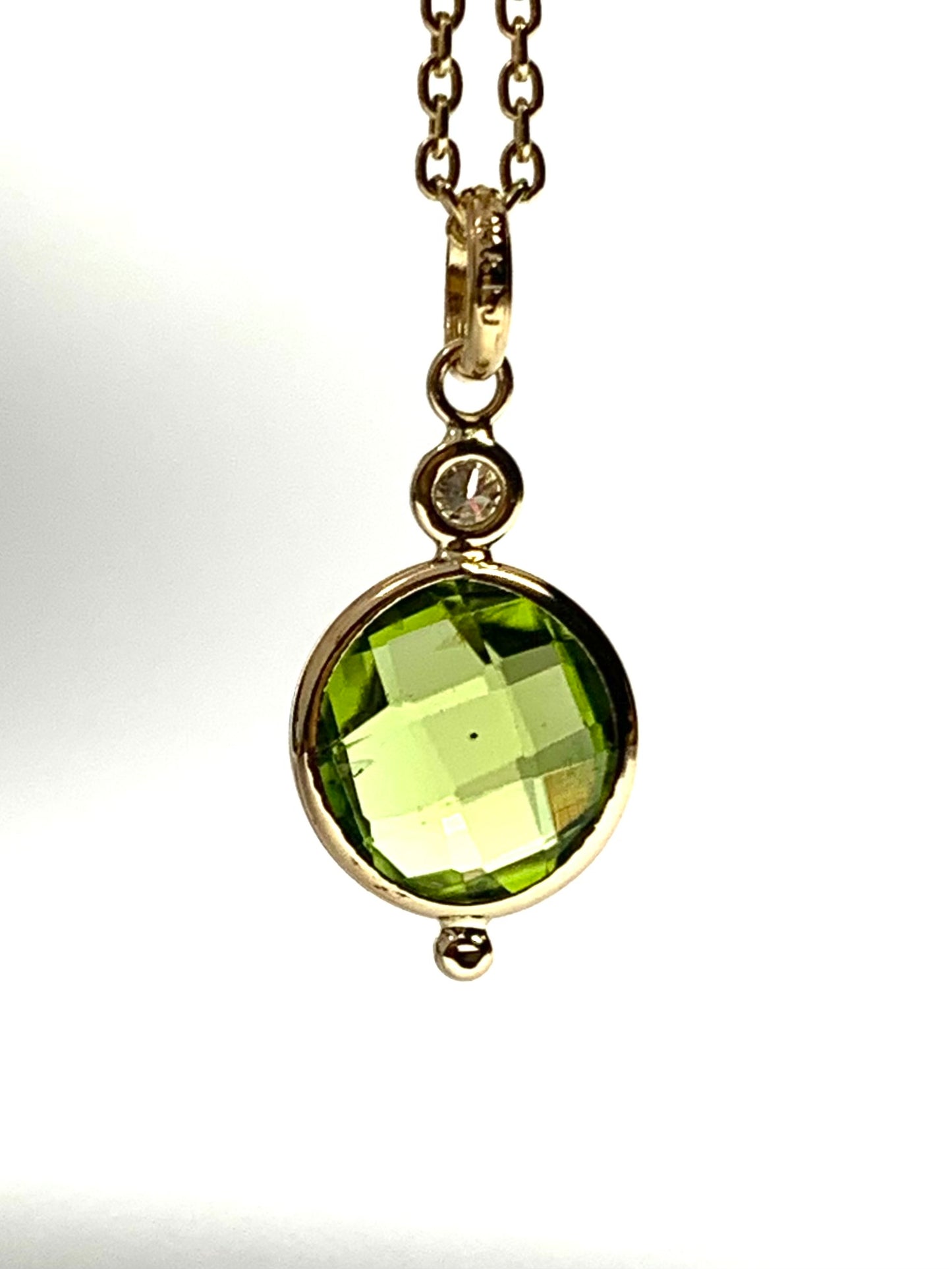 14k Solid Yellow Gold, Diamond, Green Peridot Mini Pendant