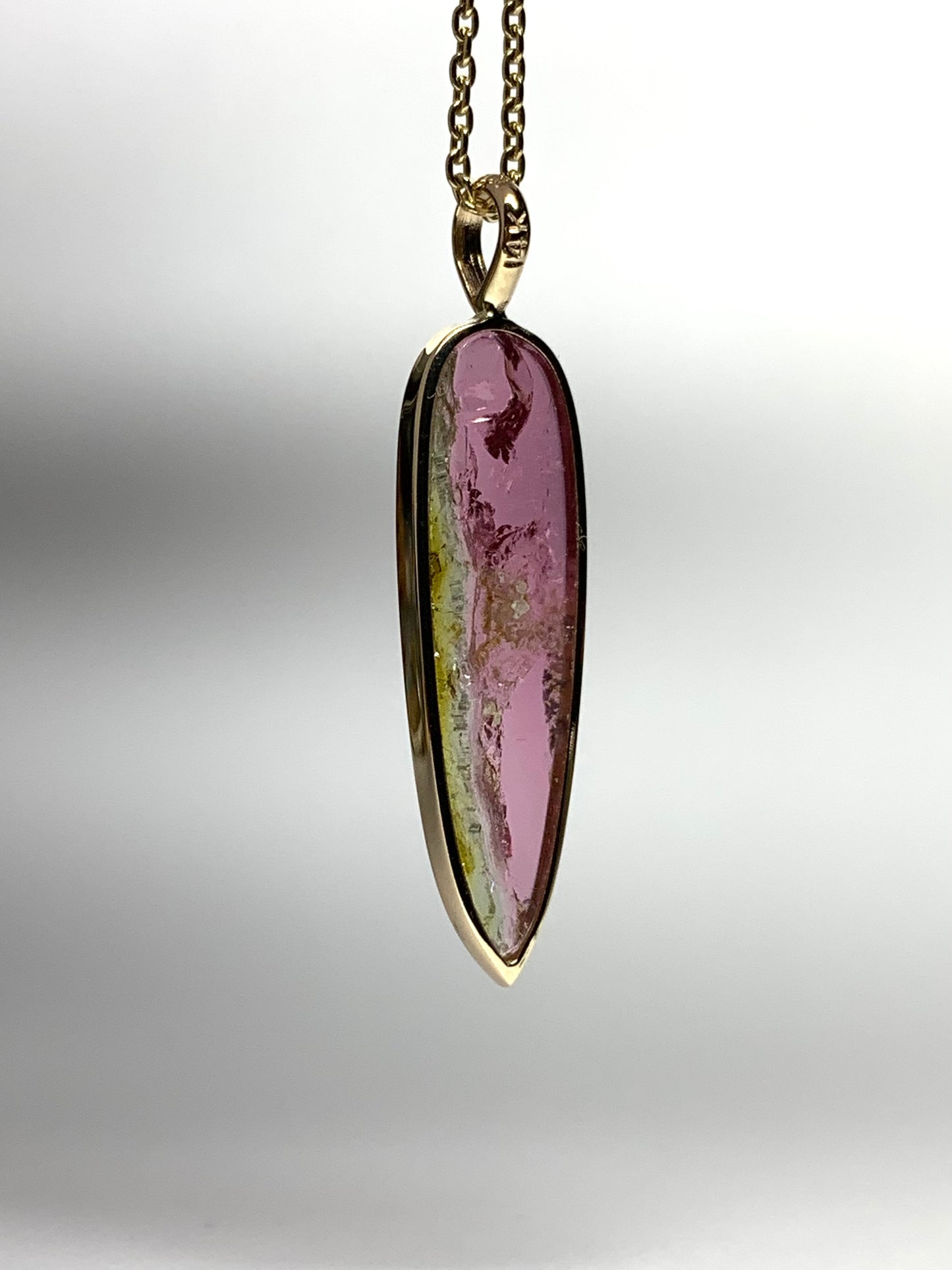 14k Solid Yellow Gold, Natural Bicolor Green Pink Tourmaline “Arrowhead” Pendant
