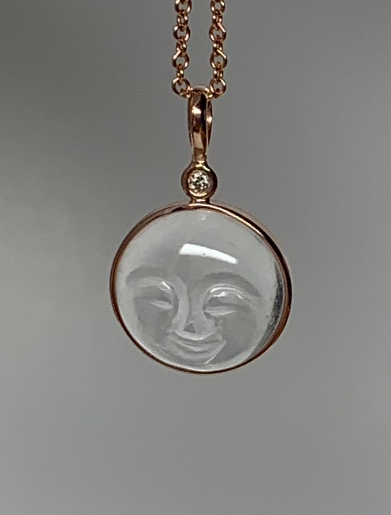 14k Solid Rose Gold, Clear Quartz, White Diamond “Moon and Star” Pendant, Carved Face, Small Size