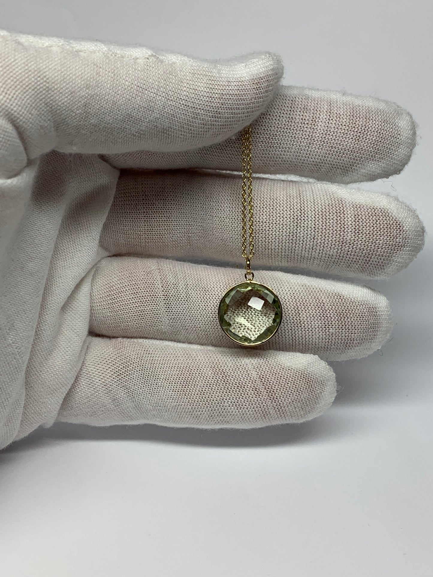 14K Solid Yellow Gold, Round Green Amethyst Drop Pendant