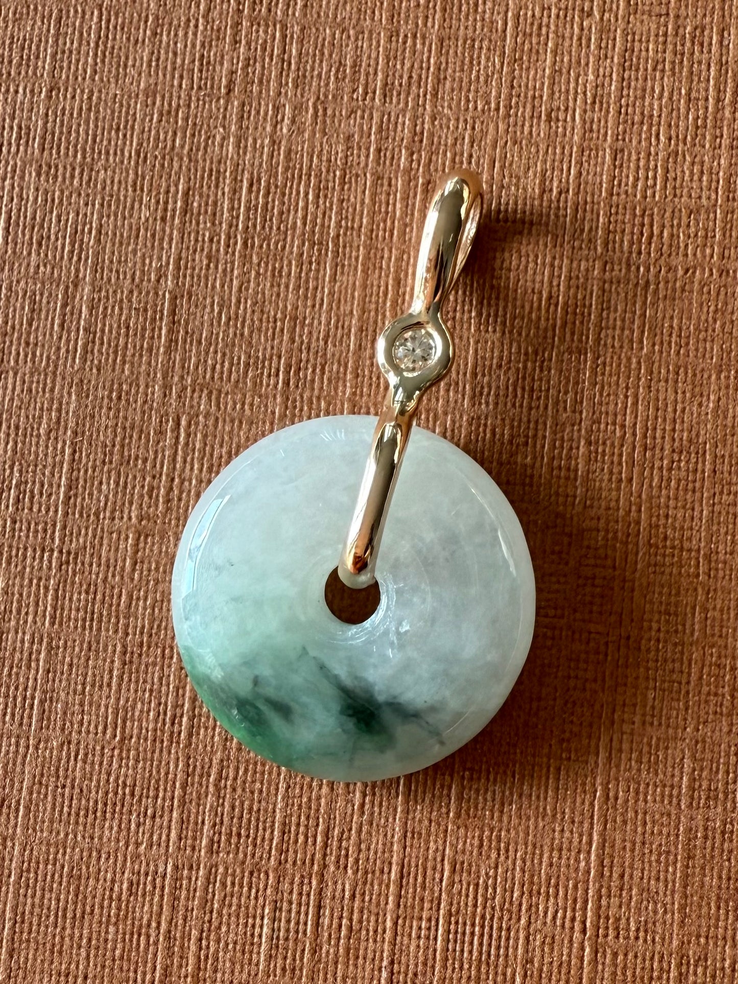 14k Solid Yellow Gold, White Diamond, Pale Green Jade “Donut” Pendant, Mini Size