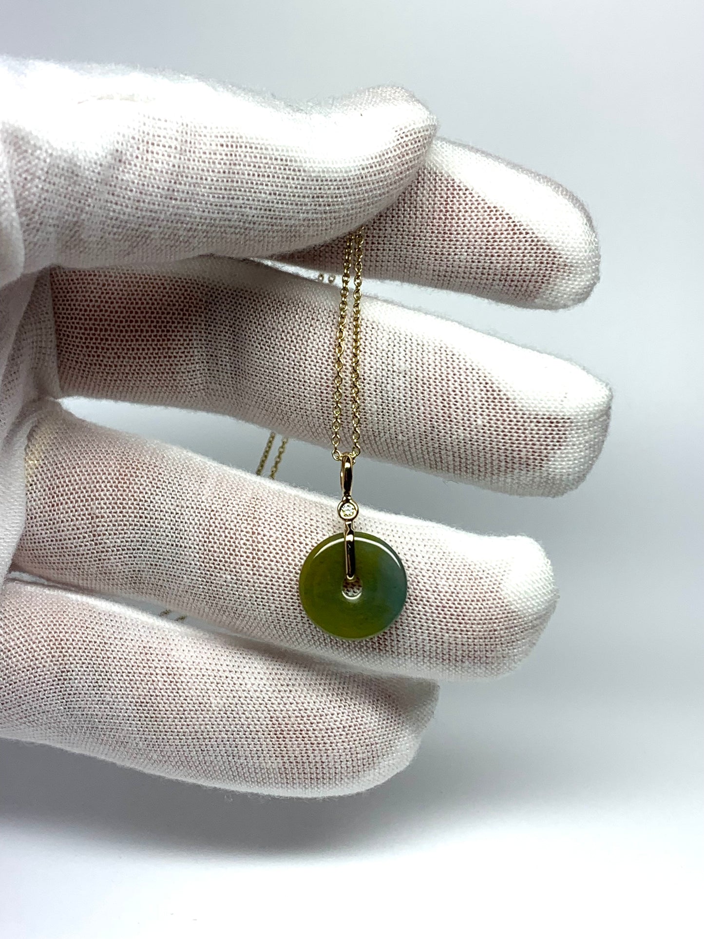 14k Solid Yellow Gold, White Diamond, Green Jade “Donut” Pendant, Small Size