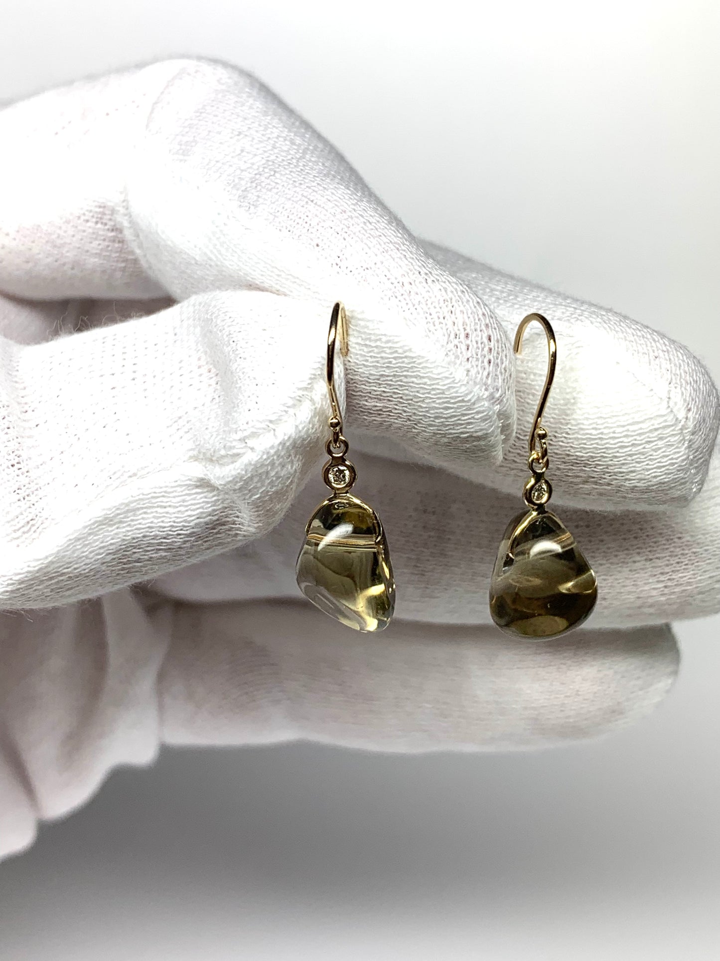 14k Solid Yellow Gold, Diamonds, Lemon Quartz Tumbled Nugget Beads Earrings, Mini Size