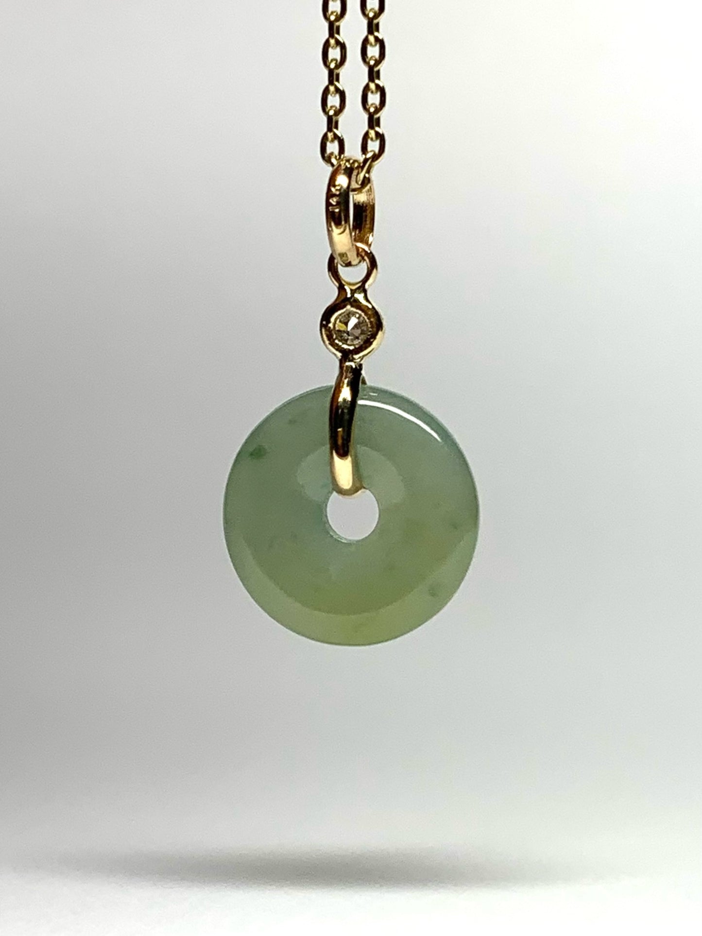 14k Solid Yellow Gold, White Diamond, Pale Green Jade “Donut” Pendant, Tiny Size