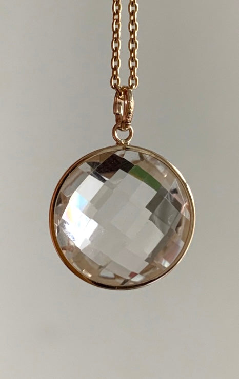 14K Solid Yellow Gold, Round Clear Quartz Drop Pendant