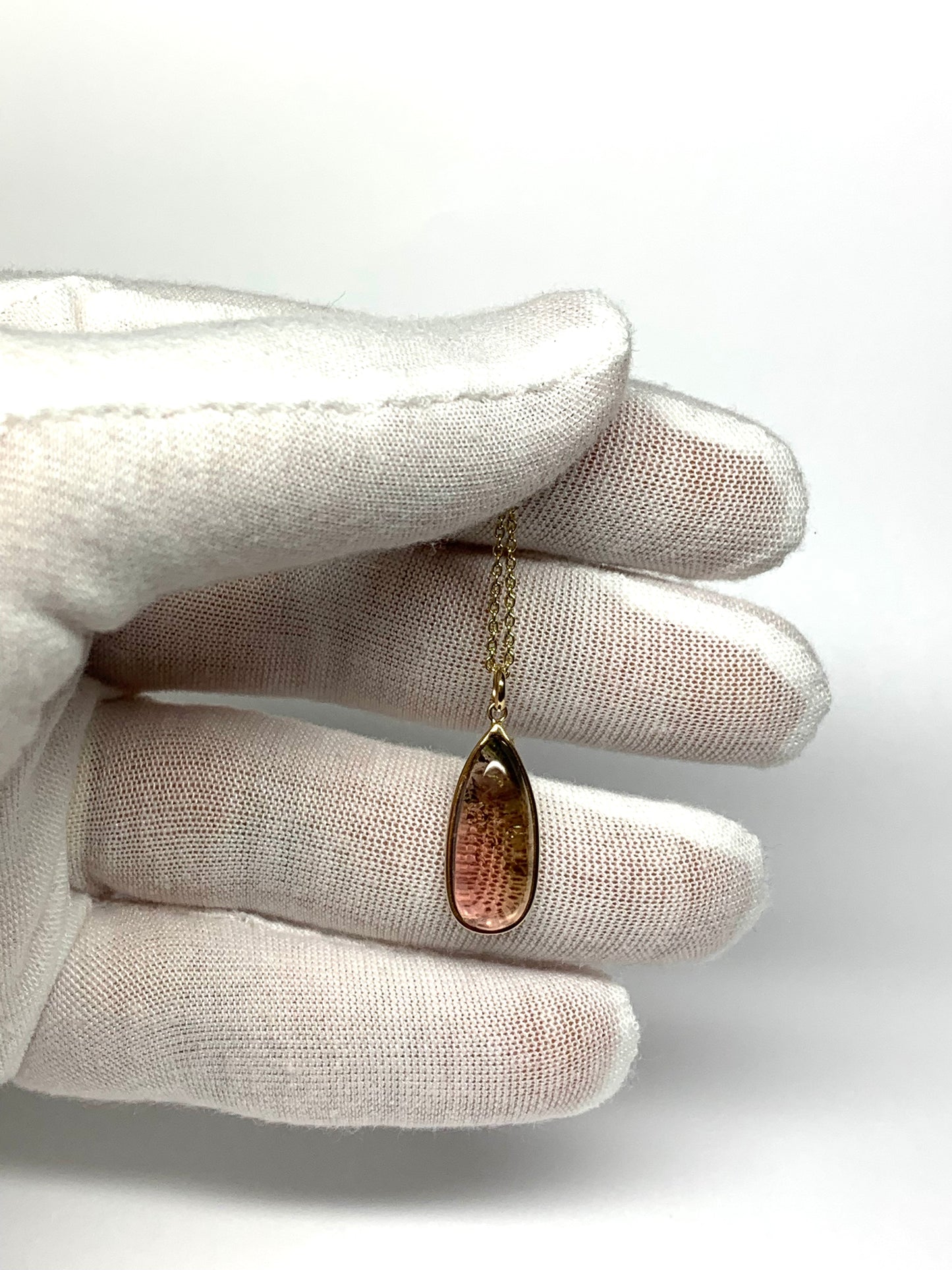 14k Solid Yellow Gold, Natural Bicolor Green Pink Tourmaline Drop Pendant
