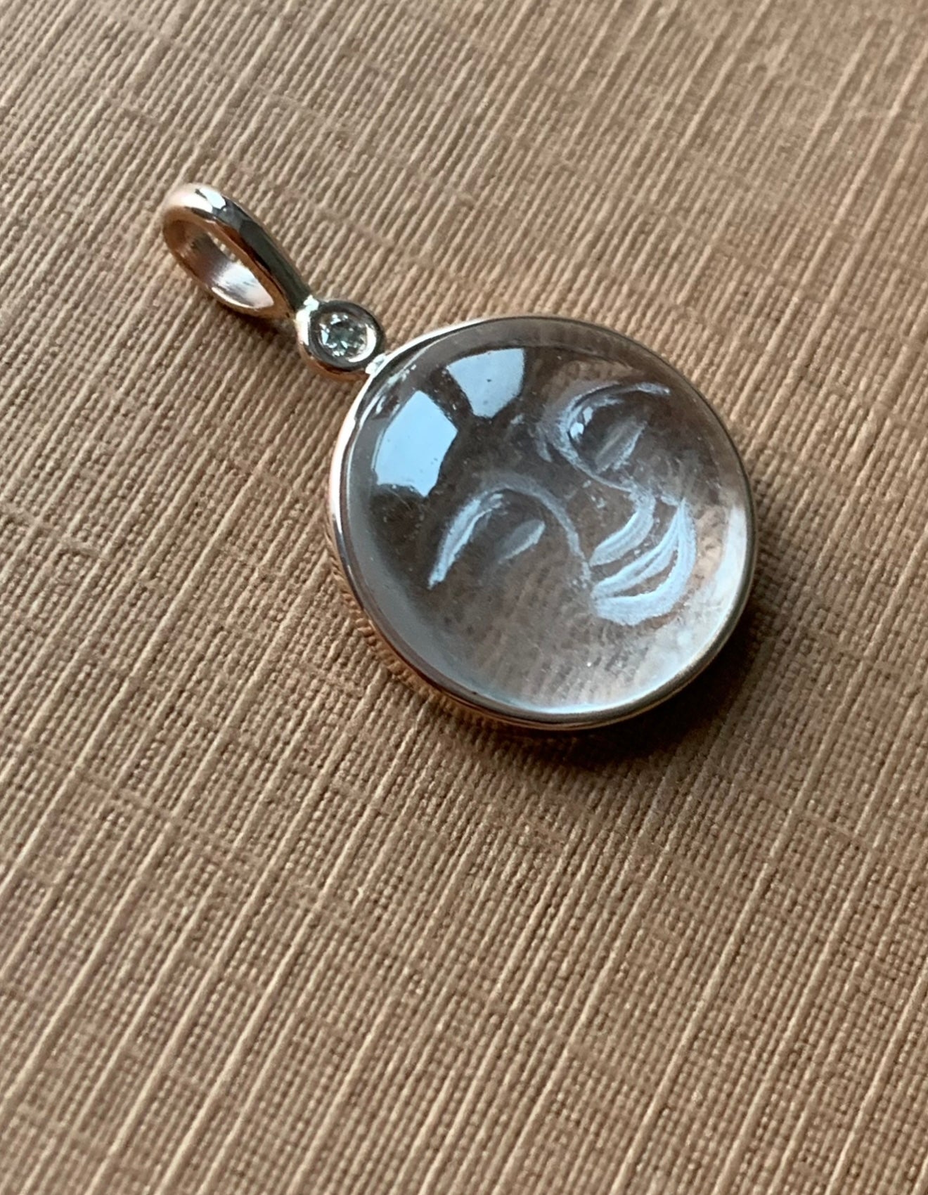 14k Solid Rose Gold, Clear Quartz, White Diamond “Moon and Star” Pendant, Carved Face, Small Size