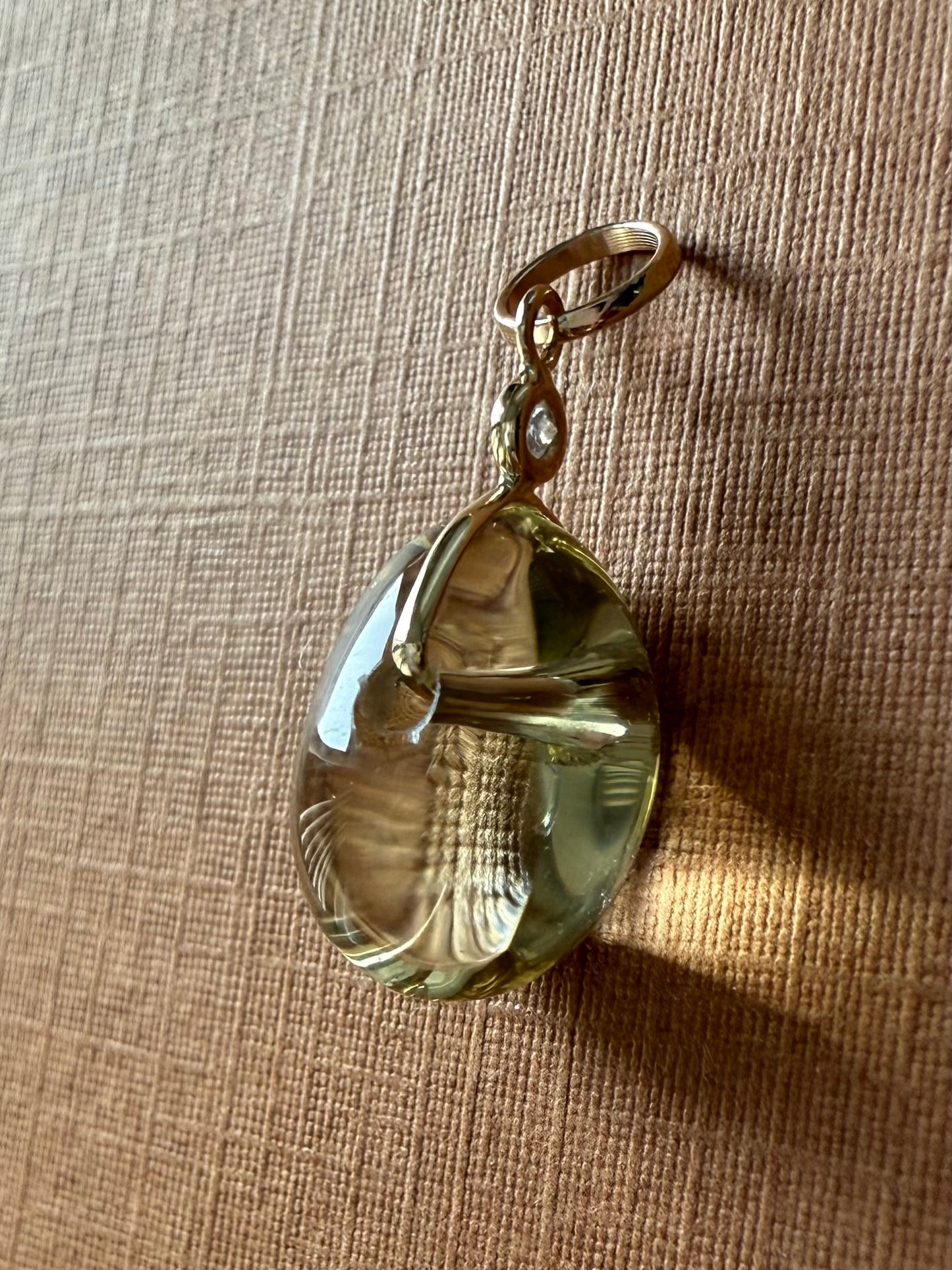14k Solid Yellow Gold, Diamond, Lemon Quartz Tumbled Nugget Bead Pendant, Mini Size