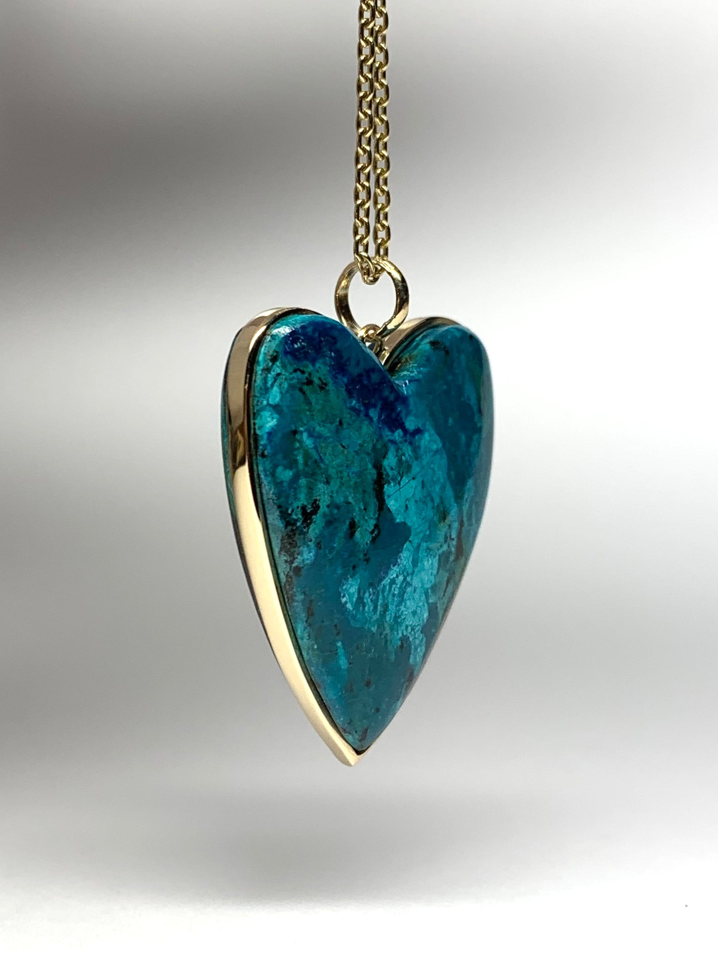 14k Solid Yellow Gold, Blue Chrysocolla “Heart” Pendant