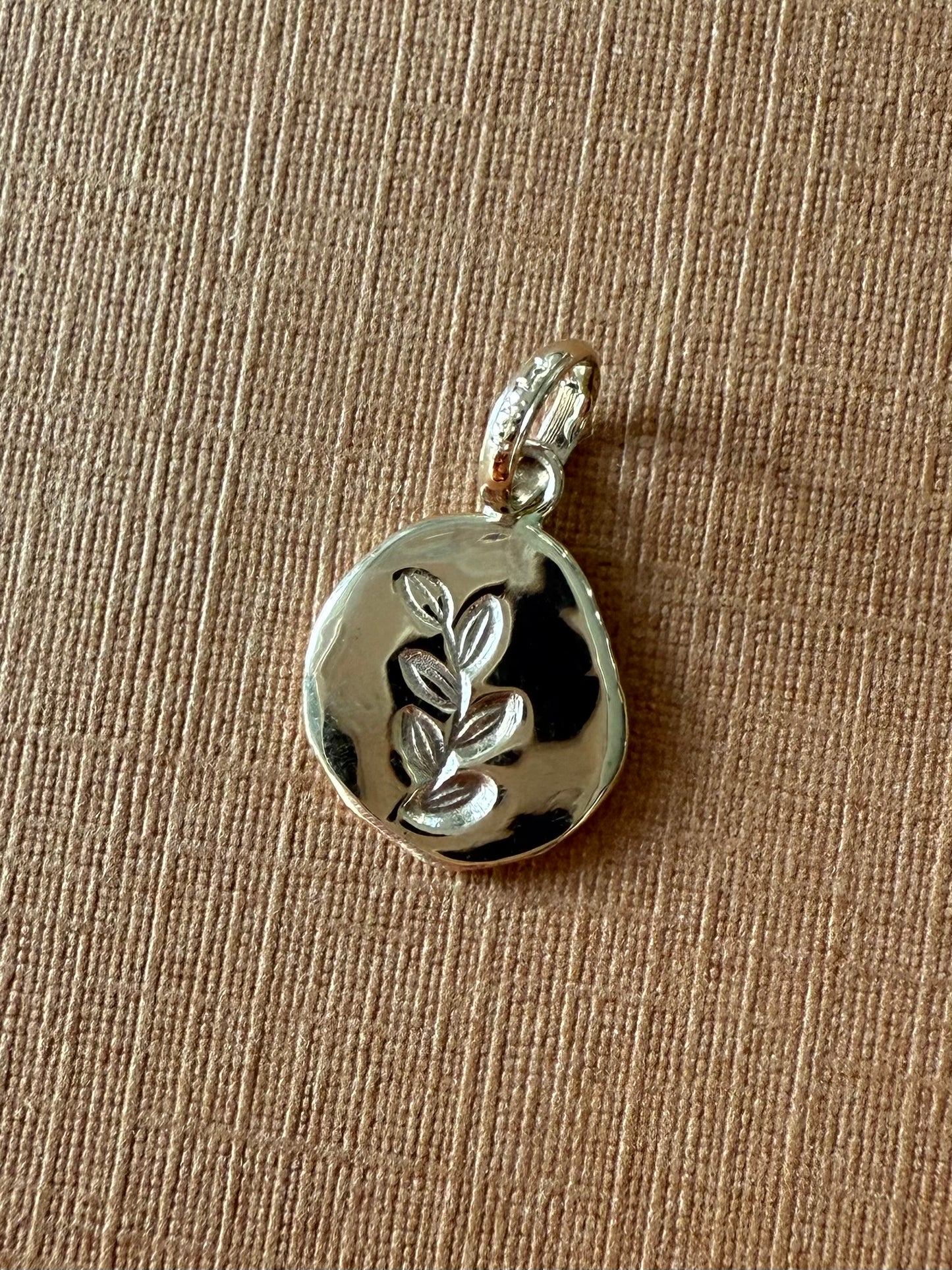 14k Solid Yellow Gold Nugget “Olive Branch”, Mini Pendant, Tiny Charm