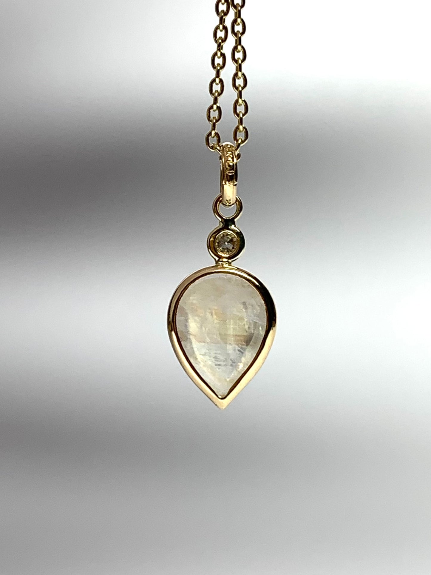 14k Solid Yellow Gold, Diamond, Pear Shaped Blue Rainbow Moonstone Mini Pendant