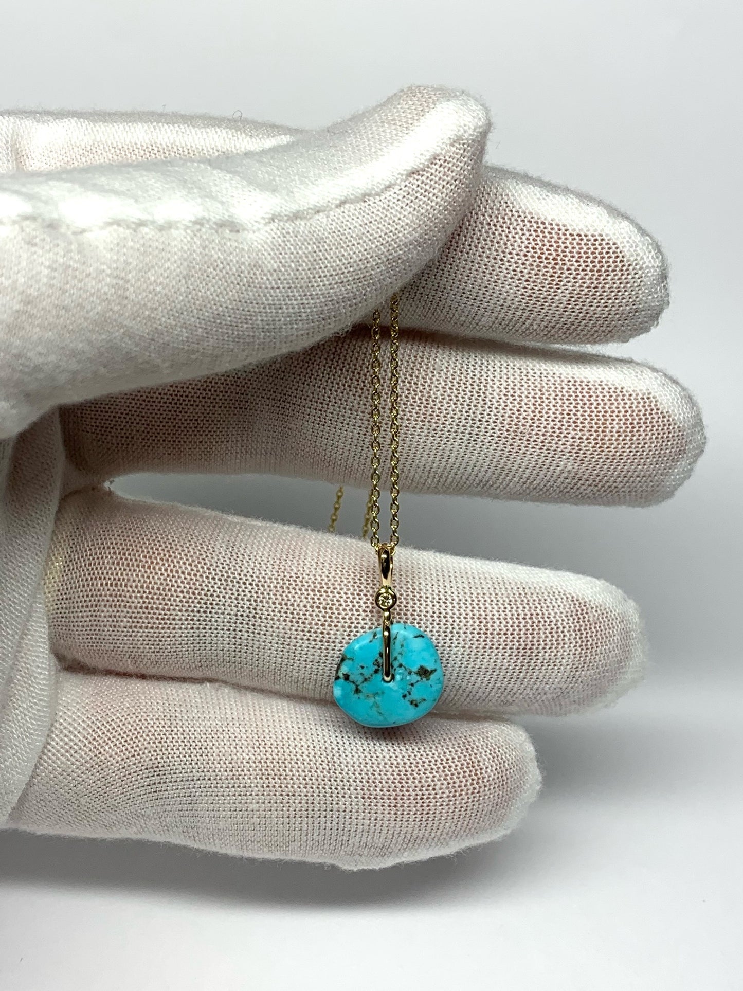 14K Solid Yellow Gold, White Diamond, Blue Turquoise “Donut” Mini Pendant