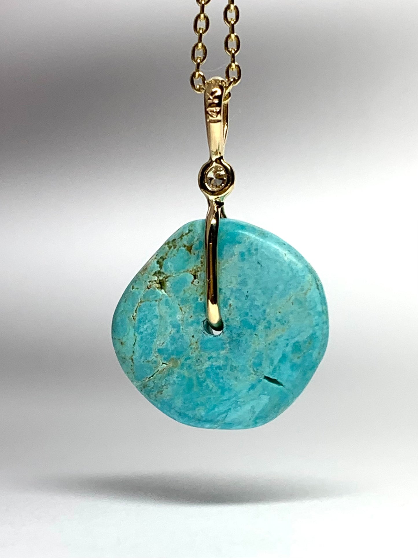 14K Solid Yellow Gold, White Diamond, Blue Turquoise “Donut” Mini Pendant