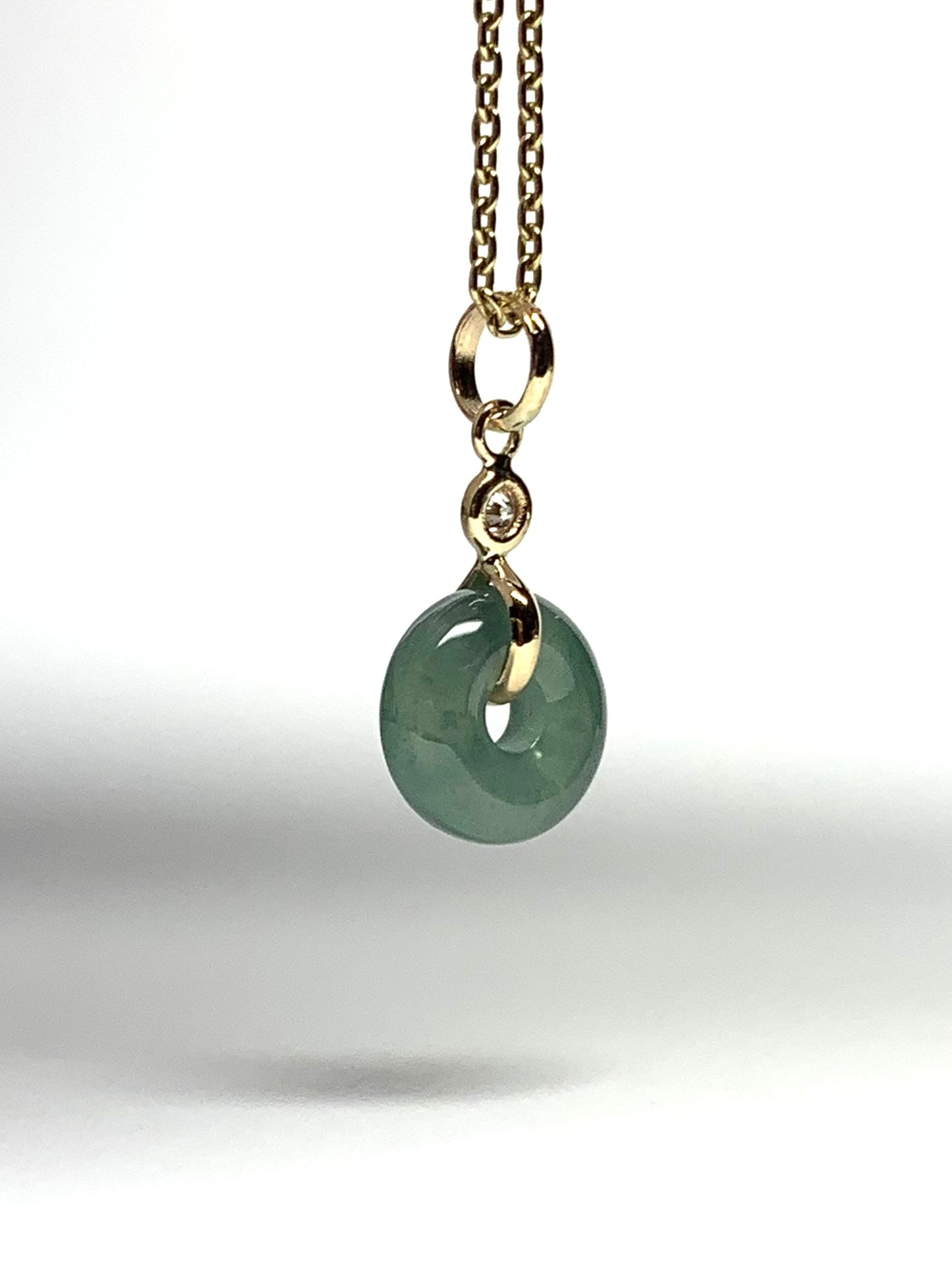 14k Solid Yellow Gold, White Diamond, Pale Green Jade “Donut” Pendant, Tiny Size