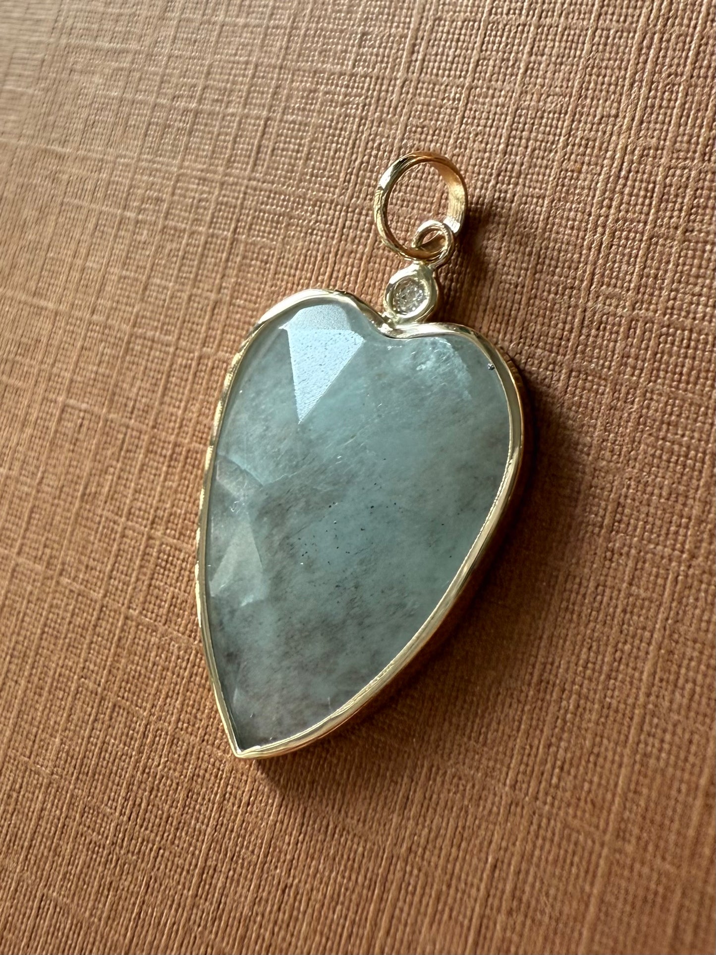 14k Solid Yellow Gold, Diamond, Pale Blue Aquamarine “Heart” Pendant