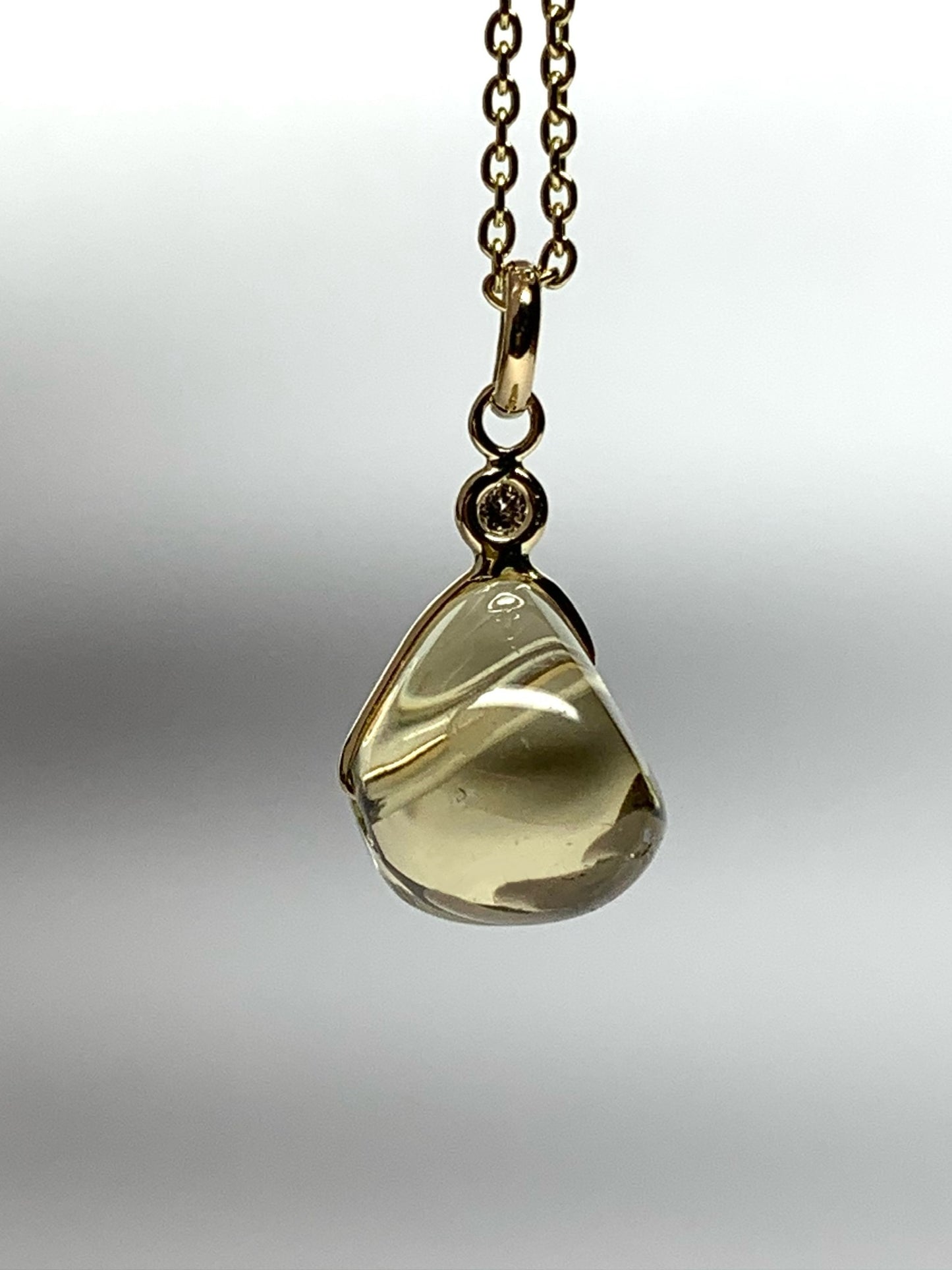 14k Solid Yellow Gold, Diamond, Lemon Quartz Tumbled Nugget Bead Pendant, Mini Size