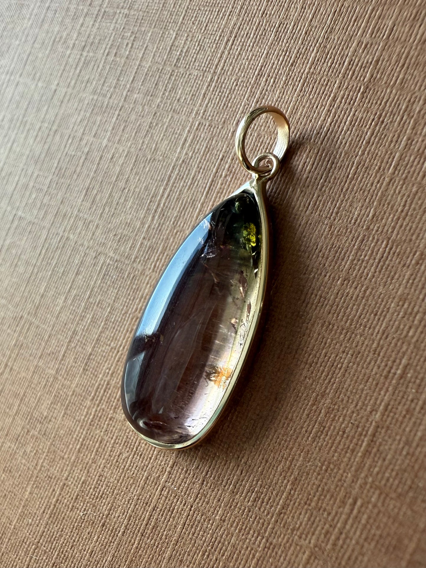 14k Solid Yellow Gold, Natural Bicolor Green Pink Tourmaline Drop Pendant