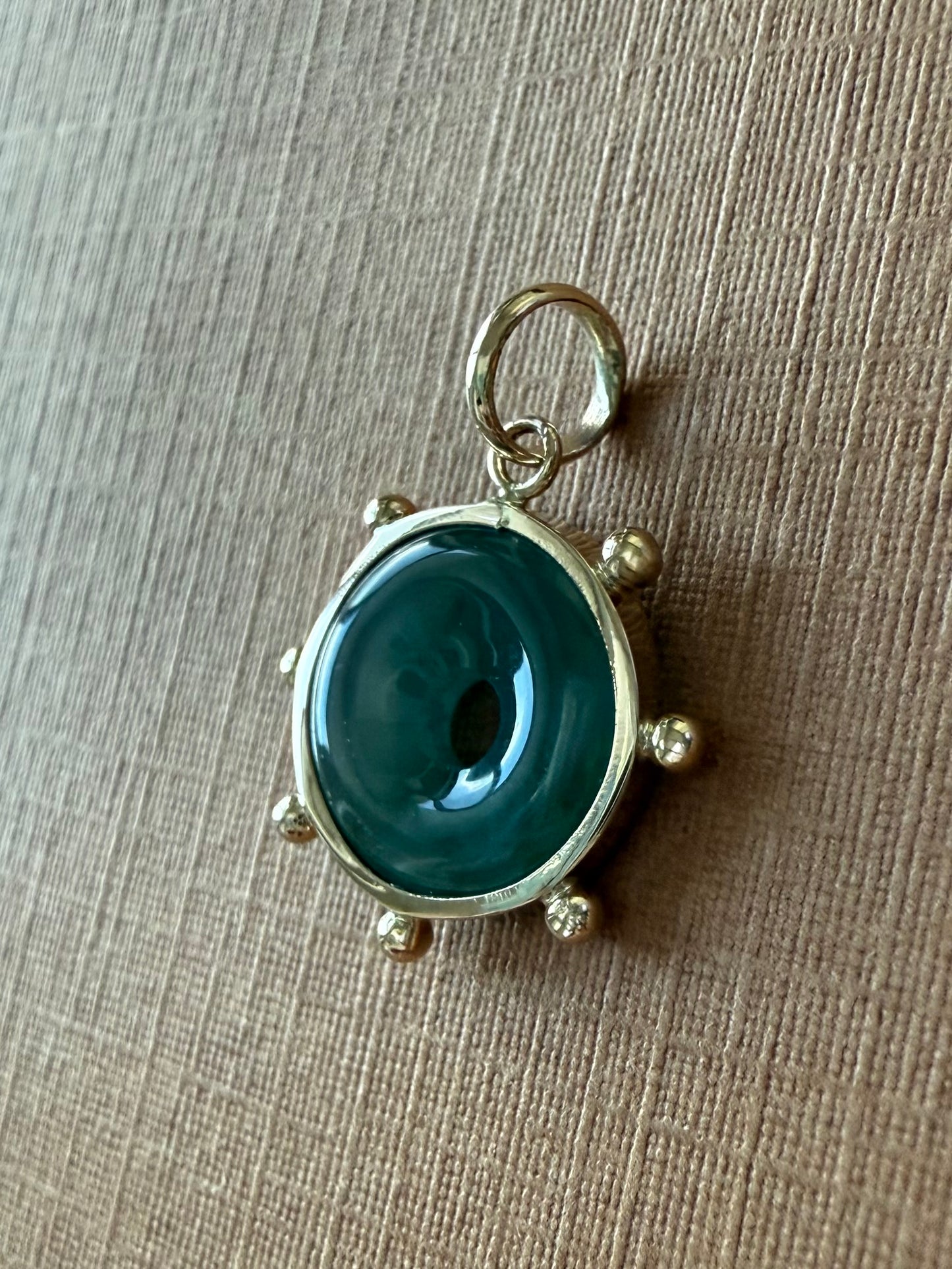 14k Solid Yellow Gold, Natural Green Jade Donut “Sun” Pendant, Mini Size