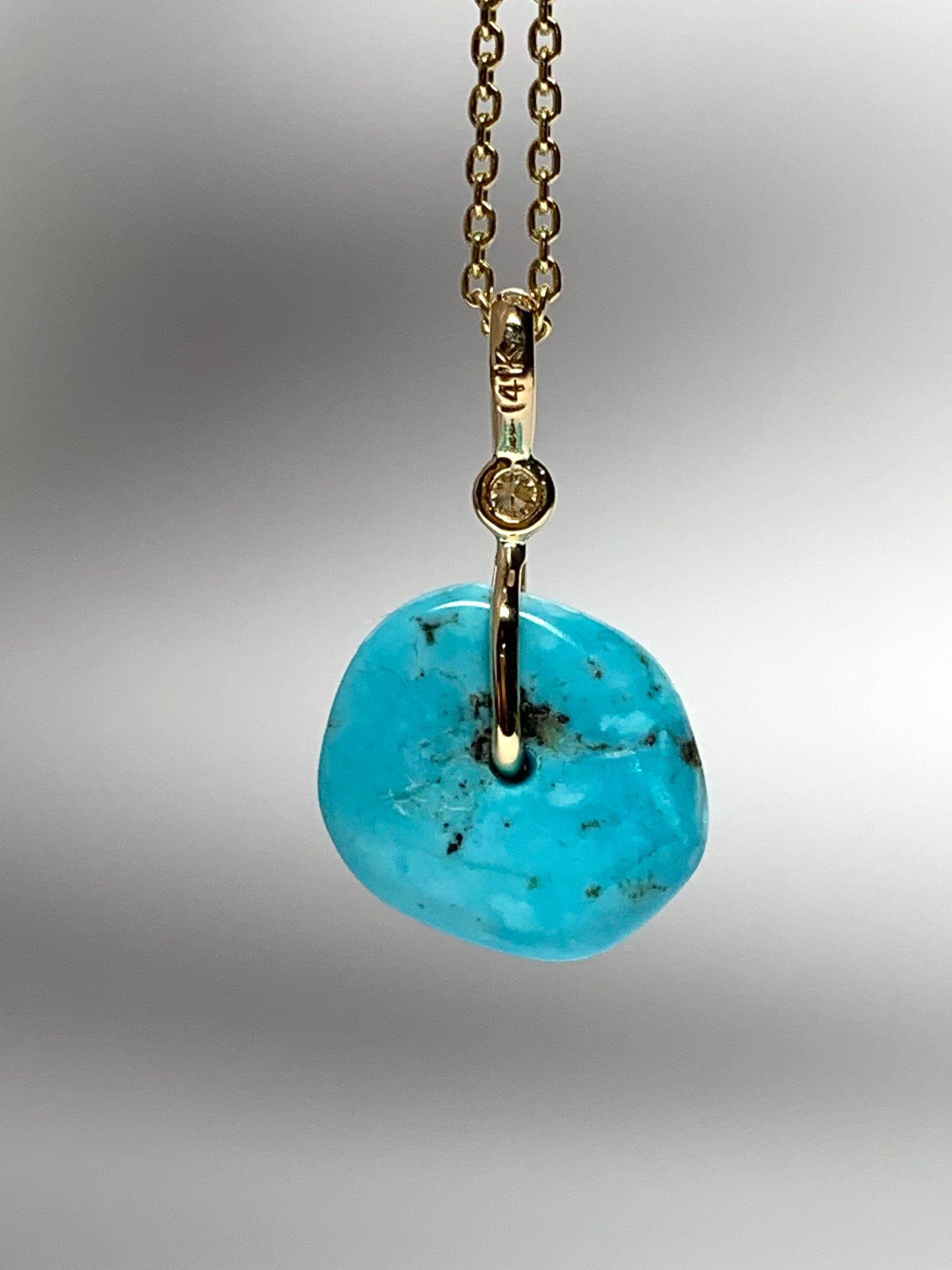 14K Solid Yellow Gold, White Diamond, Blue Turquoise “Donut” Mini Pendant