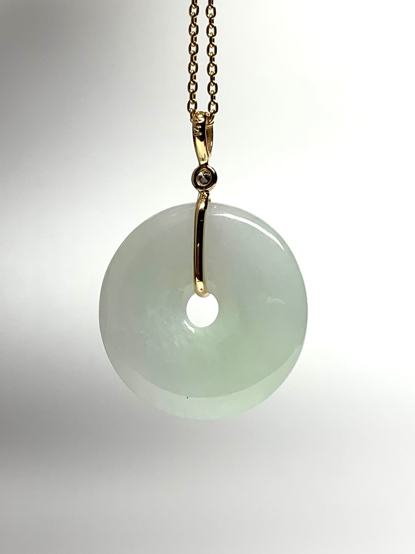 14k Solid Yellow Gold, Very Pale Green Jade “Donut”, White Diamond Pendant