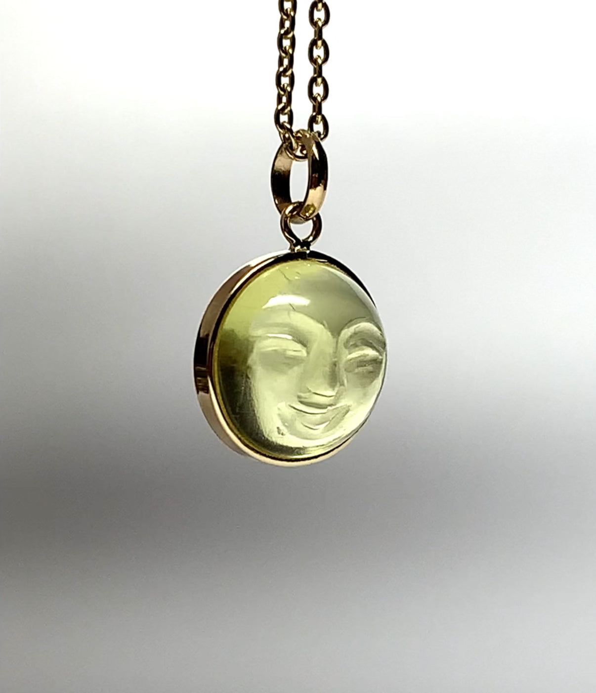 “Mini Moon" Pendant, 14K Solid Yellow Gold, Lemon Olive Quartz, Tiny Size