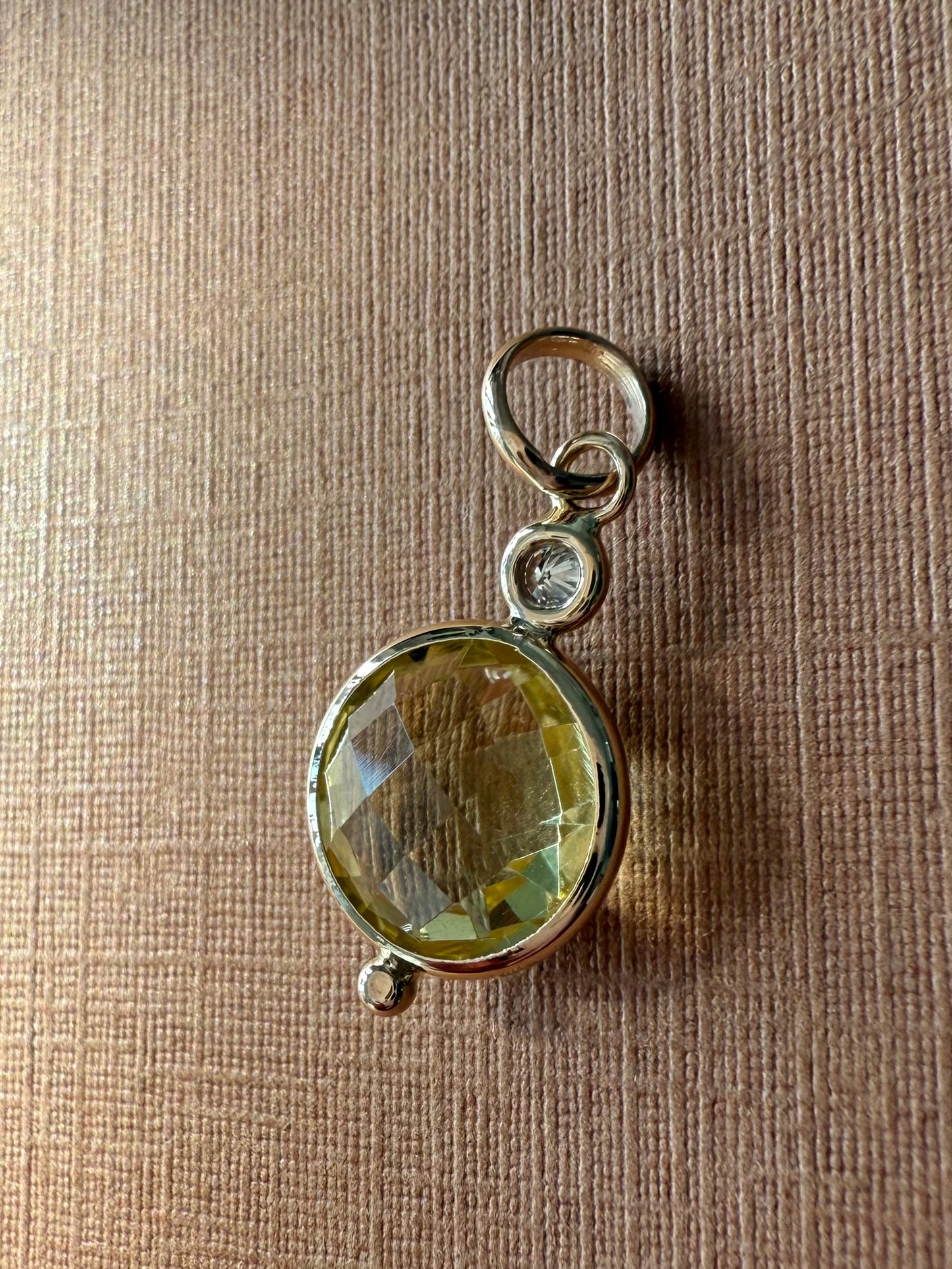 14K Solid Yellow Gold, Diamond, Lemon Quartz Mini Pendant