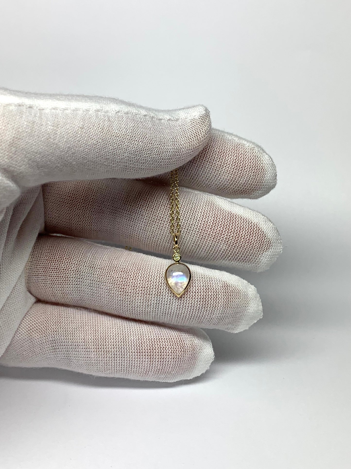 14k Solid Yellow Gold, Diamond, Pear Shaped Blue Rainbow Moonstone Mini Pendant