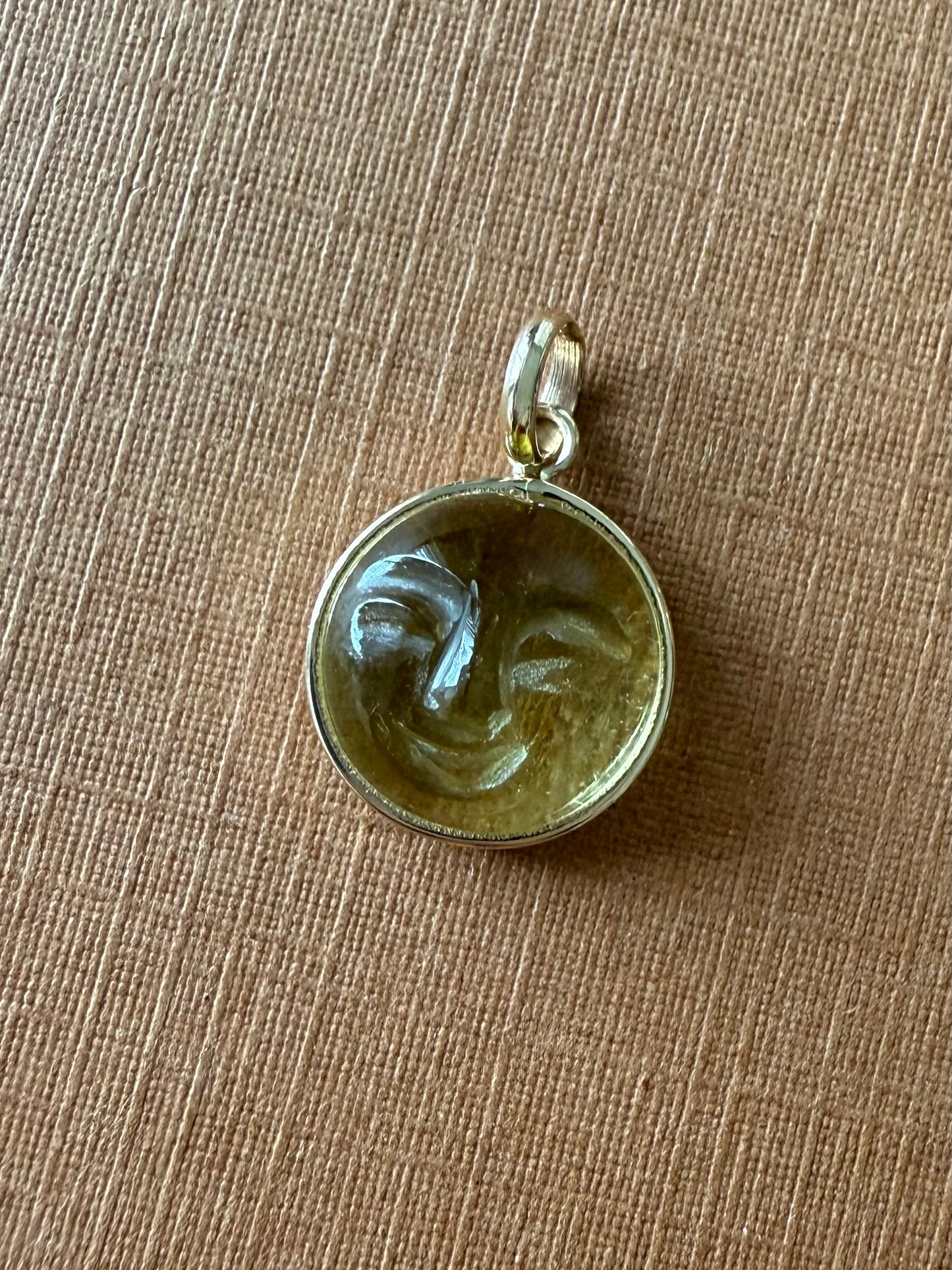 “Mini Moon" Pendant, 14K Solid Yellow Gold, Lemon Olive Quartz, Tiny Size