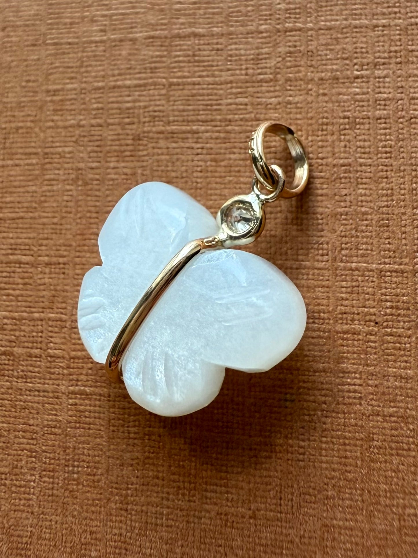 14k Solid Yellow Gold, Diamond, White Moonstone “Butterfly” Mini Pendant, Hand Carved